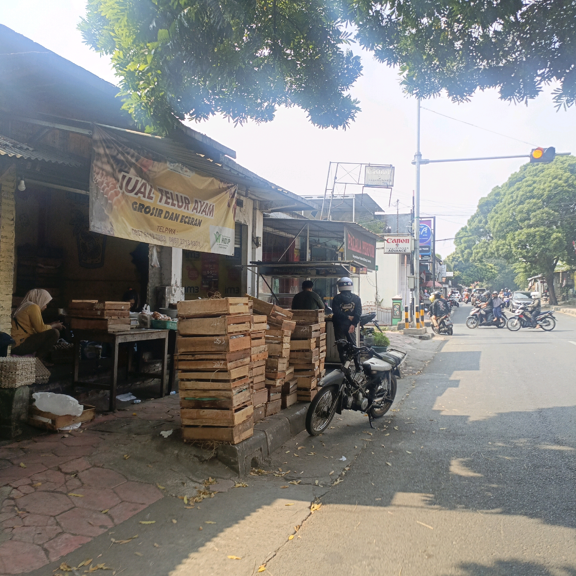 A street scene in Salatiga, Indonesia, captures a bustling market environment on a sunny day. In the foreground, a motorbike is parked on the side of the road, its front wheel turned slightly. To its left, a sidewalk is lined with stacks of wooden crates, many of them appearing to be egg crates, with numbers visible on some.
A woman, wearing a yellow headscarf and a yellow top, is seated on the sidewalk, seemingly engaged in an activity near a table laden with more crates and a basket. Behind her, a stall displays a banner advertising "JUAL TELUR AYAM GROSIR DAN ECERAN," indicating it is a wholesale and retail egg seller. The stall appears to be a simple structure with a corrugated metal roof.
Further down the street, more businesses and stalls are visible. A man wearing a helmet and a jacket with "SDOBO T" written on the back is standing near the motorbike. Traffic moves along the road, with several motorbikes and a few cars visible in the midground and background. A traffic light hangs over the intersection, showing a yellow light. Lush green trees line the right side of the road, providing shade and contributing to the vibrant atmosphere of the street. The overall impression is one of an active commercial area within the city.