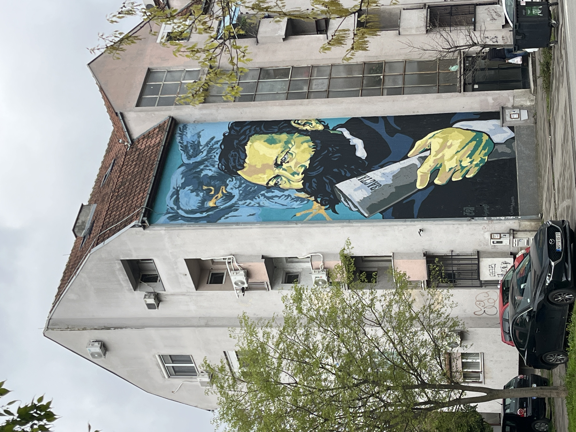 A mural depicting a portrait of a person, possibly a historical figure, dominates the side of a light gray building. The portrait features a person with dark hair and a beard, holding a newspaper with the Cyrillic word "BACTAB" printed on it. The mural is painted in shades of blue, yellow, and black.
The building is located in Novi Sad, Serbia. It has multiple windows, some with visible grilles, and several air conditioning units are attached to the facade. A tree with green foliage stands in front of the building, partially obscuring the lower portion of the mural and the building's lower floors. Cars are parked along the street next to the building. Graffiti is visible on a section of the building to the right of the mural. The sky is overcast.