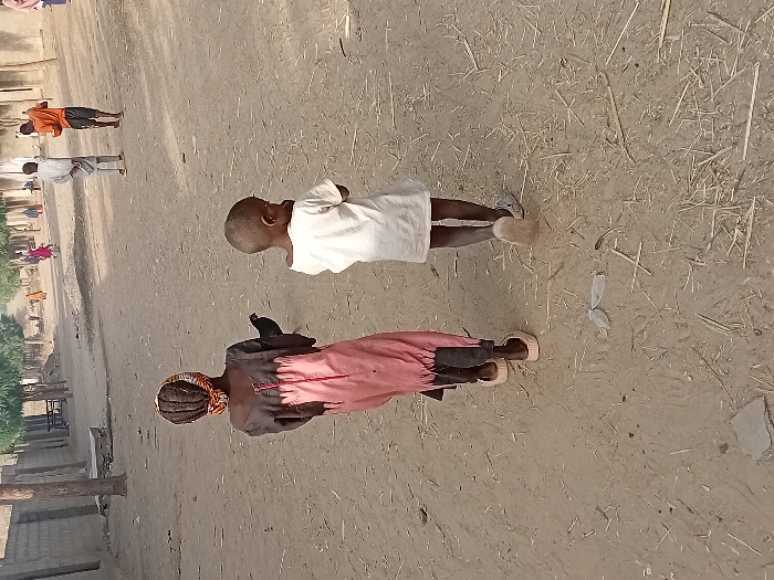 Two children stand in a dusty, sunlit outdoor setting. One child wears a white dress, and the other has a pink and black outfit with a headscarf, carrying a black chicken on their shoulder. In the distance, other individuals are visible along with simple buildings or structures. The ground has sparse grass and debris, typical of a village or rural area.