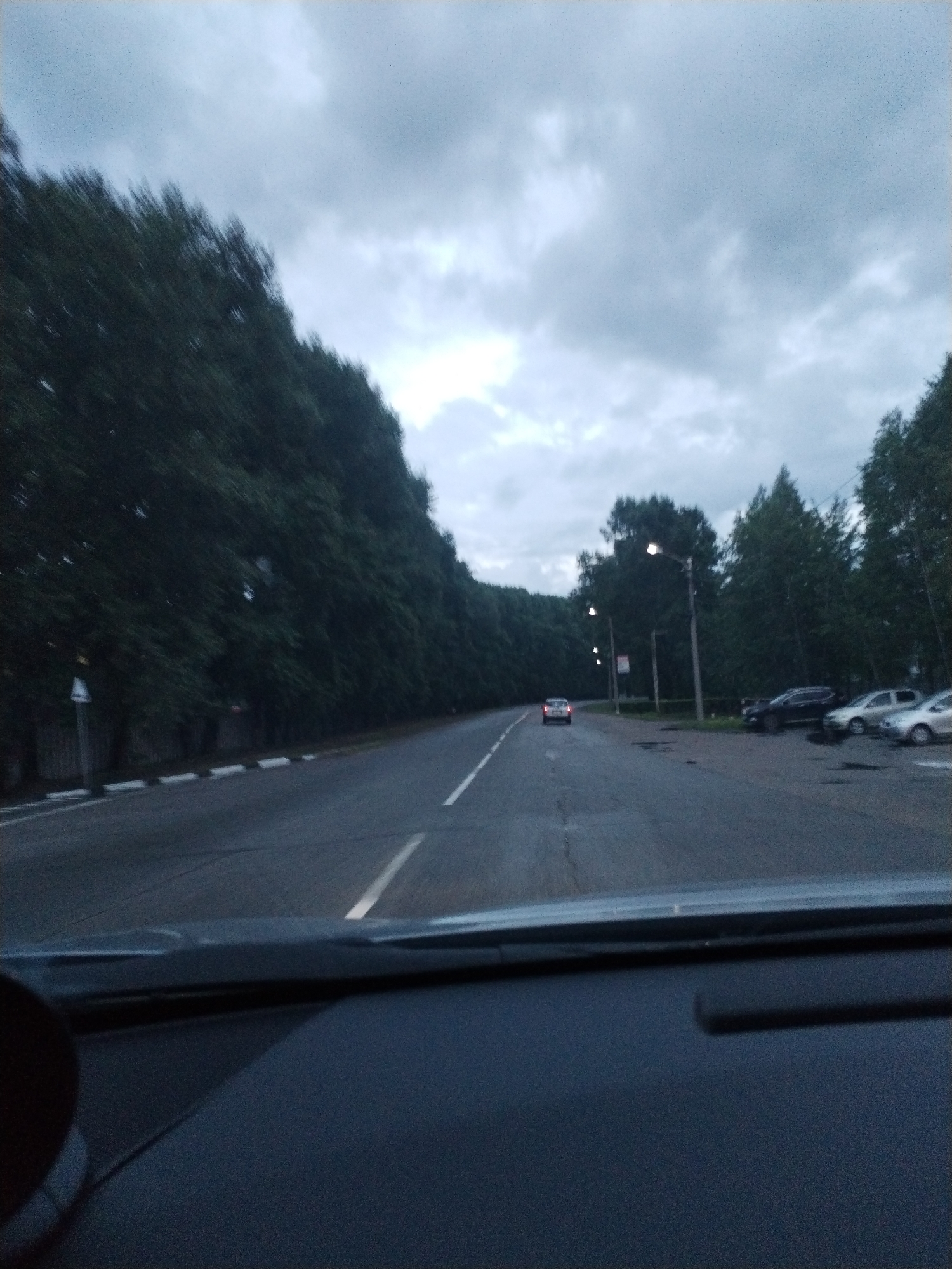 The image depicts a slightly blurry, wide-angle view from inside a vehicle, looking out at a two-lane road bordered by dense trees on the left and a parking area with several cars on the right. The sky is overcast and appears to be nearing dusk. On the road, a white car is visible in the distance. The driver's dashboard is prominently featured in the foreground, obscuring the lower portion of the scene. The overall impression is that of a drive through a tree-lined road under cloudy skies.