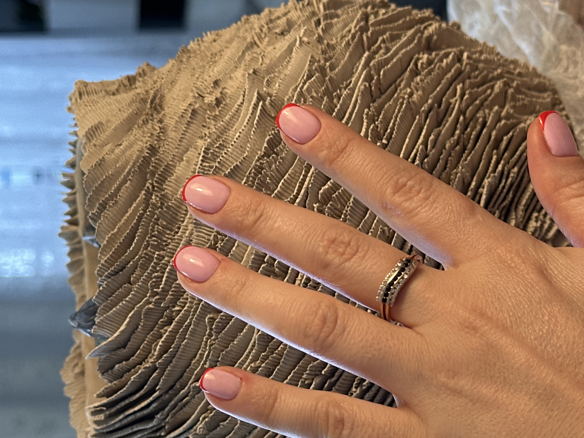A close-up shot focuses on a person's left hand with a pink french manicure and red tips, adorned with a ring featuring black and clear stones. The hand is resting against a textured, beige, sculptural object. The background is softly blurred, showing a light blue hue that suggests daylight coming through a window, possibly in an indoor setting. The image is shot from a slightly elevated angle, highlighting the details of the hand and the texture of the object.