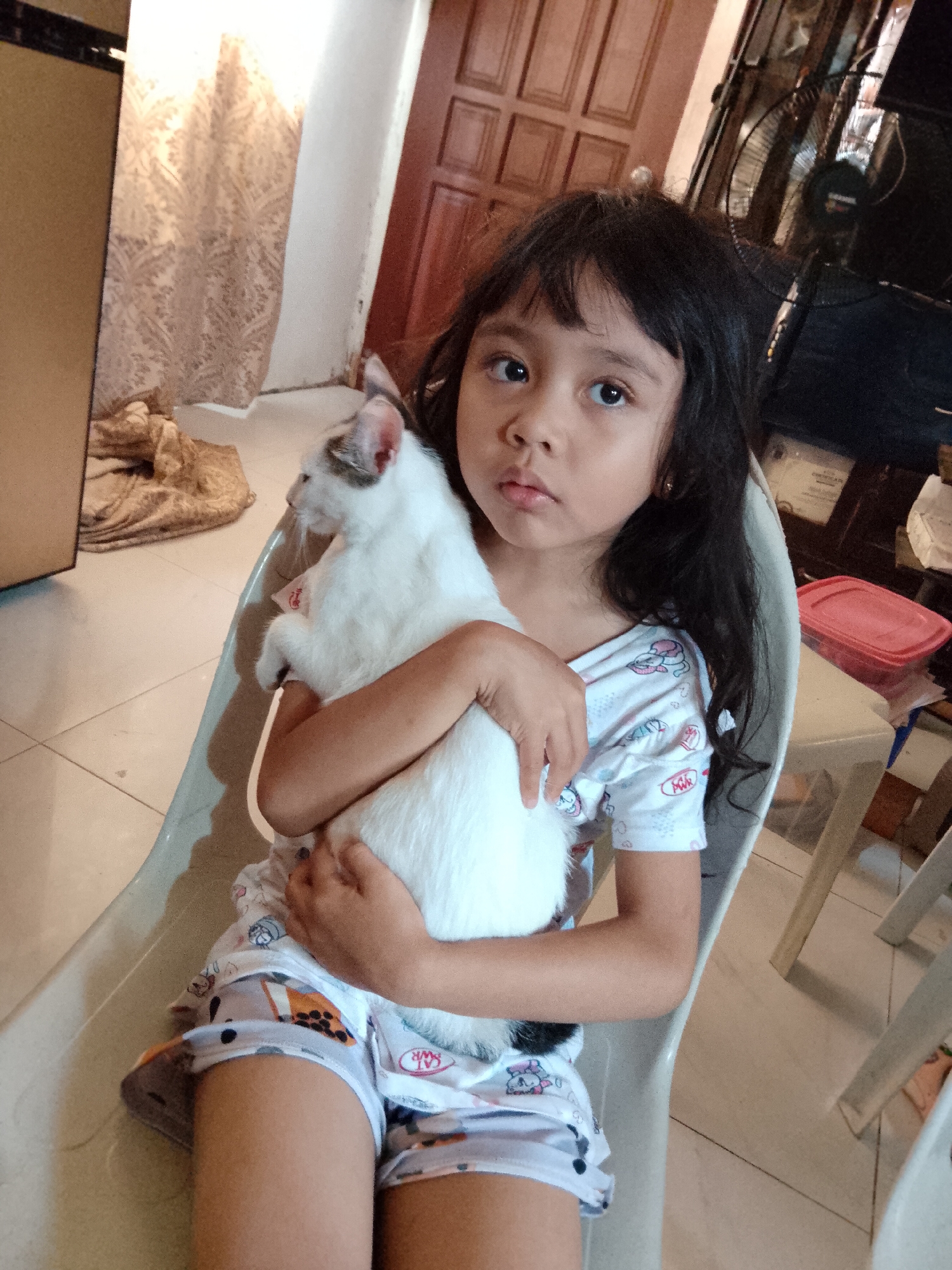 A young girl with dark, medium-length hair and large eyes sits in a white plastic chair, gently cradling a white cat with gray/brown markings on its head and tail. She looks directly at the viewer with a neutral, slightly serious expression. The cat, looking to its left, has a small red tag visible near its neck. The girl is dressed in light-colored two-piece pajamas featuring cartoon prints and text; "PMR" and "CAT" are discernible on her top, and "CAT" appears on her shorts.
The scene is set indoors, characteristic of a casual home in Davao City, Philippines. In the background, a brown wooden door is visible on the right side, and patterned curtains or a tapestry hang on the left. A large black electric fan stands in the upper right background. On the floor to the left, a bundle of brown fabric or a sack rests. To the right, a pink plastic container with a lid is placed on a light-colored stool or small table. The floor is tiled. The lighting suggests daytime, creating a relaxed indoor atmosphere. Blurred text that might read "AMERICAN" or "CERTIFICATE" is faintly visible on an object in the far background.