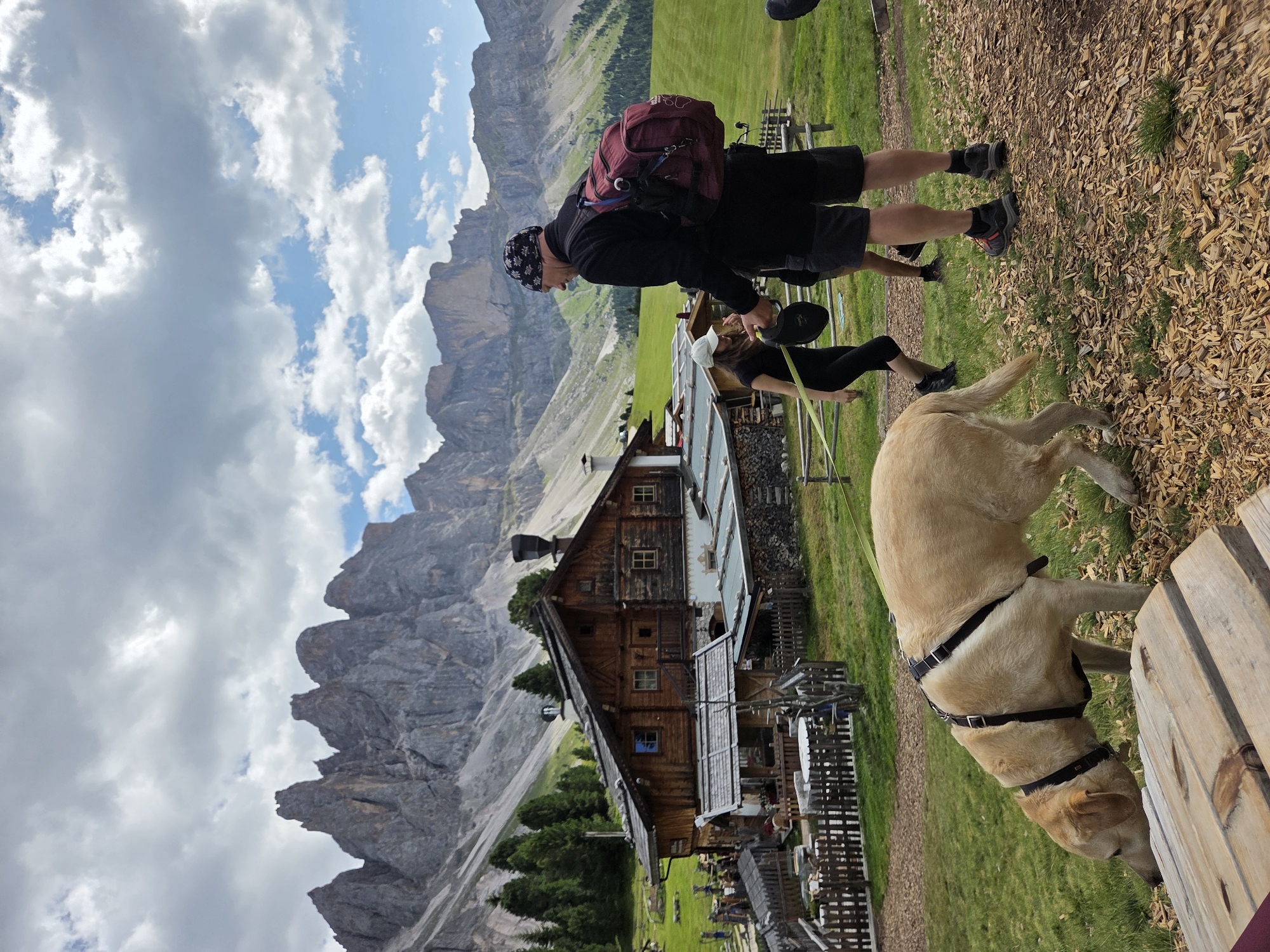 The image depicts a scenic mountain landscape with a rustic wooden lodge in the foreground. Several individuals and a dog are present. A man wearing a black long-sleeved shirt, black shorts, and a bandana is walking with a red backpack. He is holding a leash attached to a light-colored dog with a harness. A woman in a black shirt and leggings, wearing a white cap, is also on the leash, holding a black circular object. Another person's legs are visible behind them. The dog is positioned in the lower left quadrant of the image, sniffing the ground. The lodge, made of dark wood, has multiple windows and a pitched roof, with woodpiles stacked nearby. In the background, steep, rocky mountain peaks rise under a cloudy sky. The terrain is covered in lush green grass, with some wooden fencing and a path made of wood chips. The setting appears to be a rural, mountainous area.