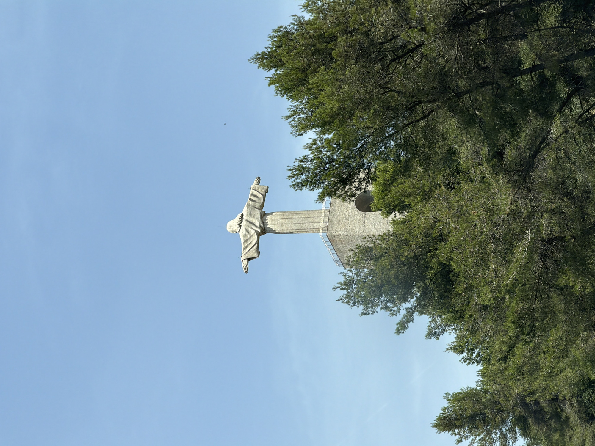 A stone statue of Jesus Christ with outstretched arms stands atop a tall, light-colored stone tower. The statue and tower are partially obscured by a dense canopy of green pine trees in the foreground. The sky is clear and blue. The statue is located at the Santuário de Cristo Rei (Sanctuary of Christ the King) in Almada, Portugal, overlooking the city and the Tagus River.