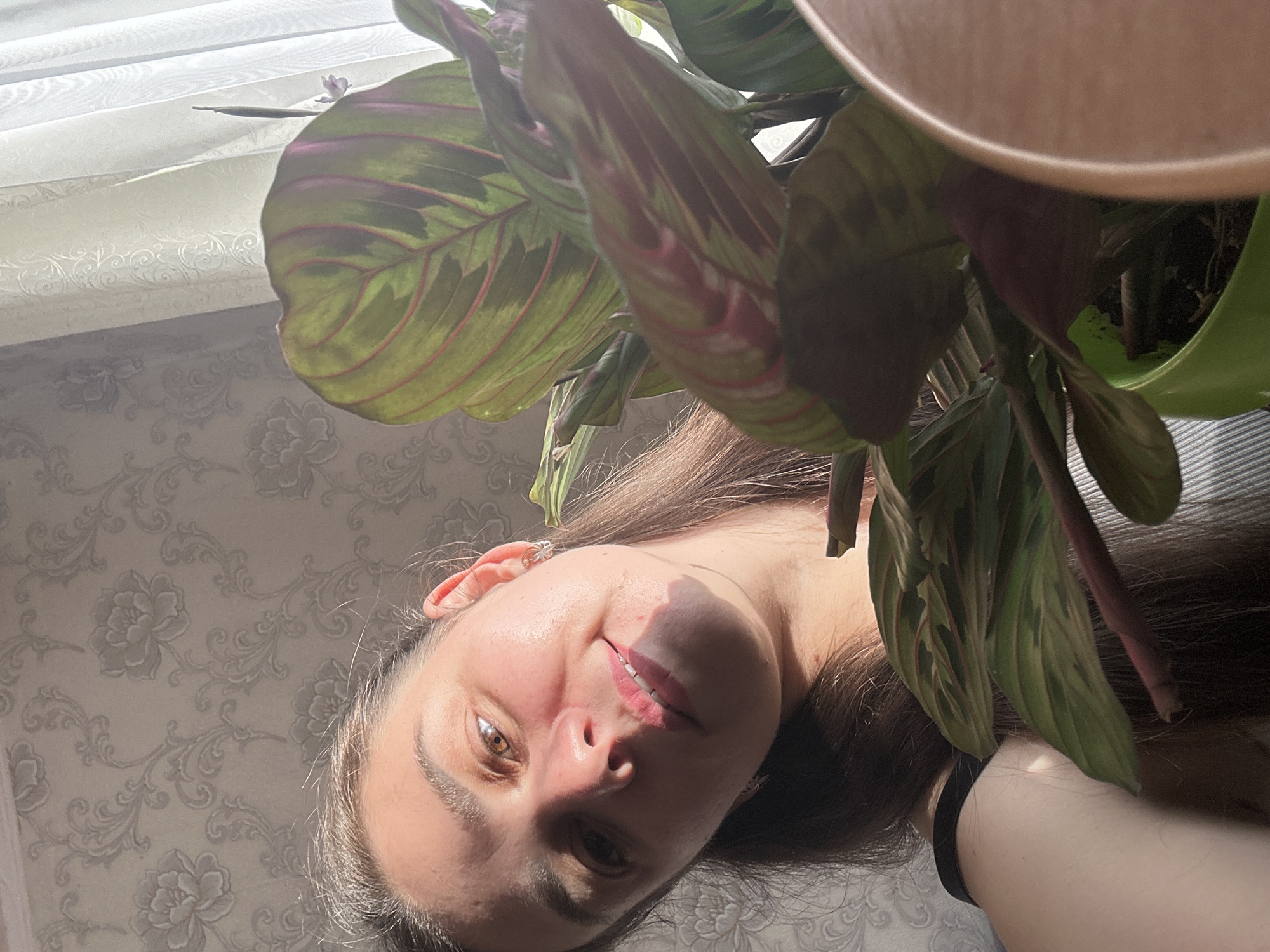 In an indoor setting, a woman with long brown hair is partially visible, angled towards the camera and looking slightly to her left. She is wearing a dark-colored top. Sunlight casts a shadow across her face and shoulder. Beside her is a potted plant with large, green and reddish-purple striped leaves. The background features patterned wallpaper and sheer white curtains, suggesting a domestic environment. There is no specific information that allows for the determination of the location within the city of Фоки, Russia.