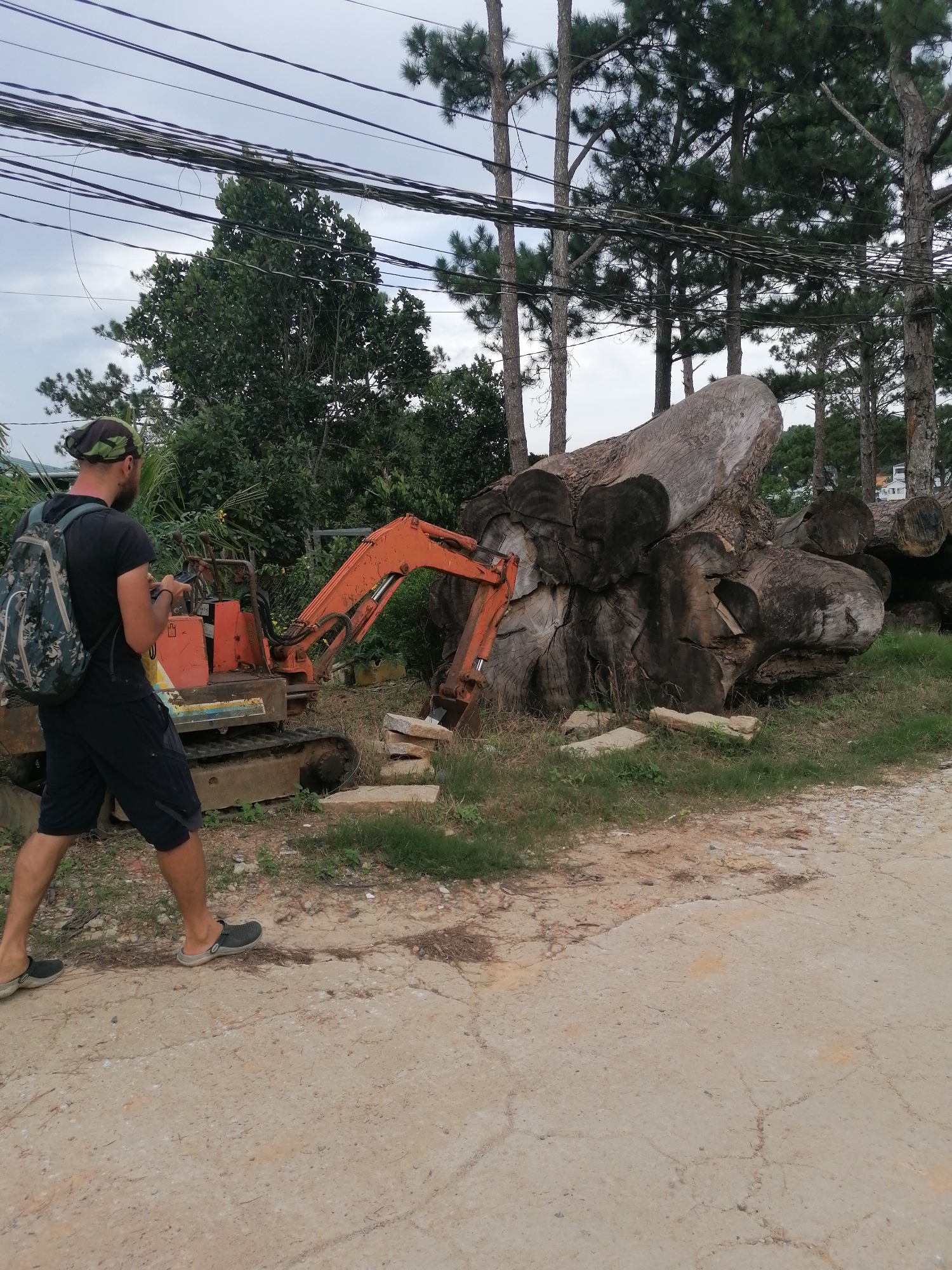 A man with a backpack walks past a small orange excavator and a pile of large logs. The man is wearing a black t-shirt, dark shorts, and sandals, with a camouflage bandana on his head. He is holding a mobile phone in his hand. The excavator appears to be on a dirt path, and the logs are stacked on grassy ground. Behind the logs, tall pine trees are visible. Power lines run across the top of the image. The sky is overcast, suggesting a cloudy day. The scene is set in an outdoor environment, possibly a construction site or logging area, with a mix of natural and man-made elements. The overall mood is casual and observational. No visible text is present in the image.