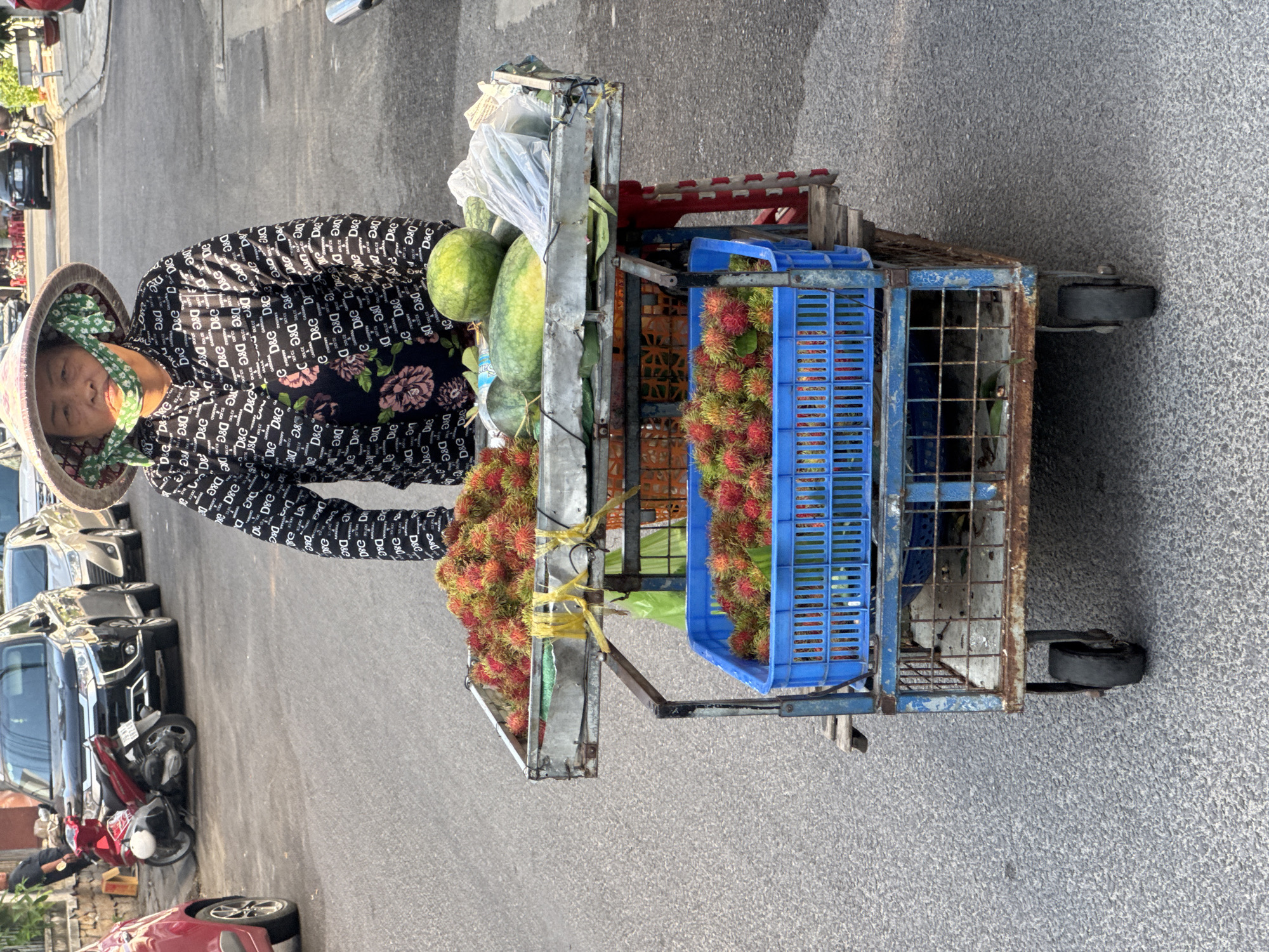 A woman wearing a conical hat and a black and white patterned shirt, stands behind a fruit cart on a street in Nha Trang Ward, Vietnam. The cart is laden with rambutans, watermelons, and other fruits. She is facing the camera with her mouth covered by a green cloth. The cart has two levels, with the top level holding watermelons and produce wrapped in plastic, and the bottom level filled with baskets of rambutans. The cart is made of metal and is weathered and rusty. The street is paved with asphalt and there are cars and a motorcycle parked in the background. The scene appears to be during the daytime.