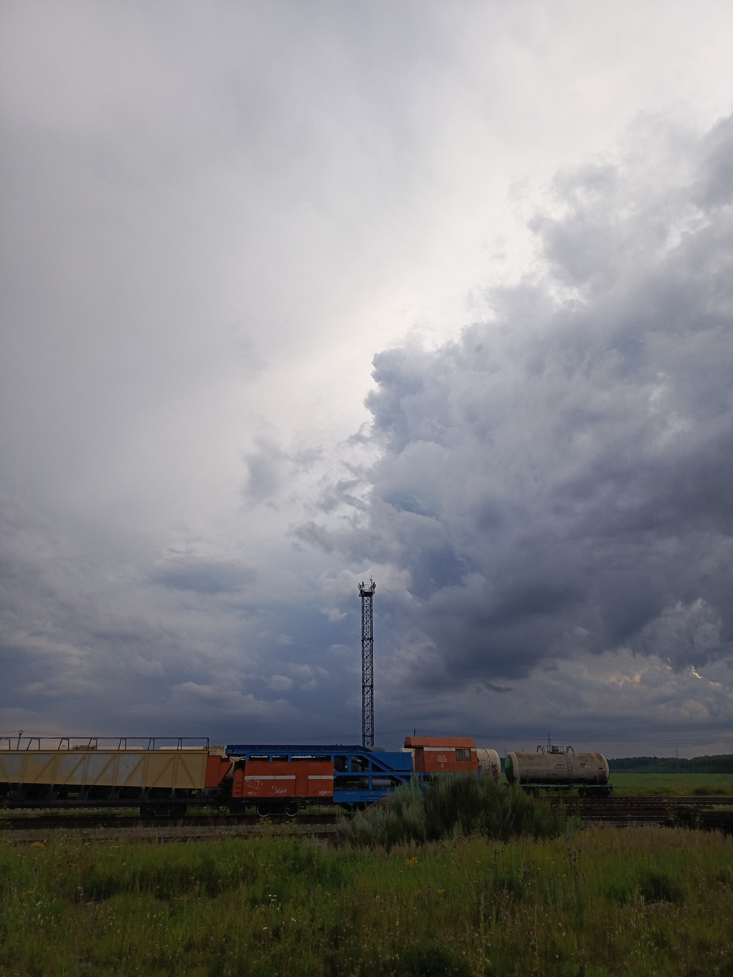 In Kauchuk Stantsiya, Russia, a train sits on tracks amidst a grassy field under a cloudy sky. The train is comprised of several cars, including a long, yellow hopper car, an orange car with blue accents, and a cylindrical tank car. A tall, lattice-like tower stands in the background. The sky is filled with dark, dramatic clouds, suggesting the possibility of impending rain. The grass in the foreground is green and appears somewhat overgrown, dotted with small flowers. The overall impression is one of a somewhat desolate, industrial landscape on the edge of a rural area, under an imposing sky.
