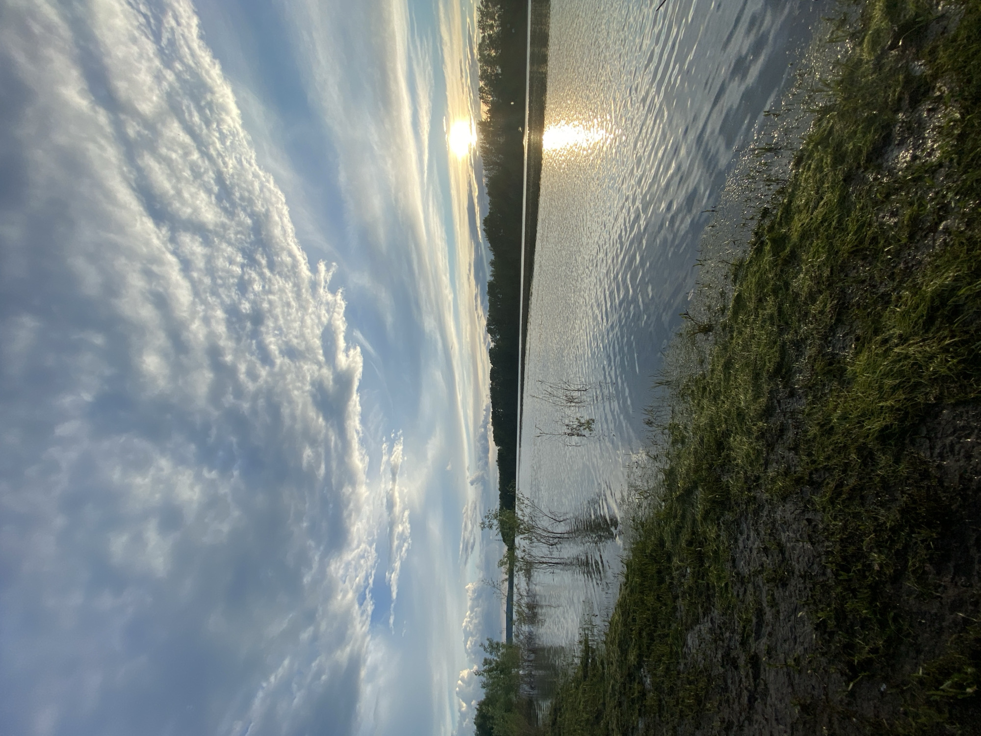 The image shows a landscape likely captured near Chaikovsky, Russia, featuring a body of water, possibly the Kama River or a nearby lake. A strip of trees or vegetation runs along the opposite bank of the water, with the sun positioned behind them, creating a bright reflection on the water's surface. The sky is filled with streaky clouds, suggesting a partly cloudy day. The foreground shows a grassy shoreline, indicating the presence of a natural environment. No people or animals are visible in the frame.