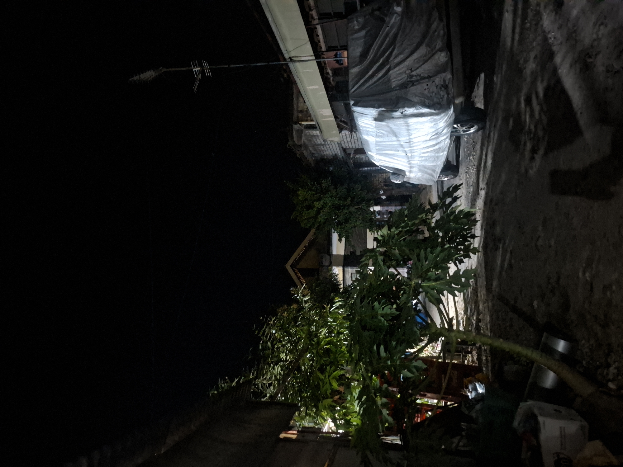 A nighttime street scene in Bulubrangsi, Indonesia, is depicted, with a large tree in the foreground and a vehicle covered with a tarp on the right. The ground is dirt and gravel, with some scattered debris. A building with a dark roof is visible behind the tree on the left, and other structures, including a building with a white tarp awning and a television antenna, are present in the background. The scene is dimly lit by artificial light, creating shadows and highlighting the textures of the environment. The overall impression is one of a quiet, residential area at night.