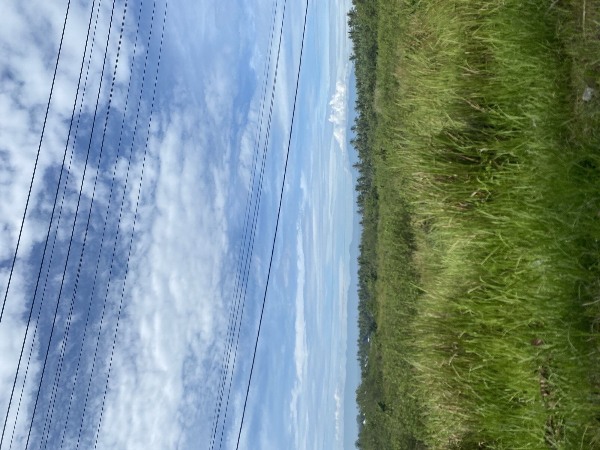 The image shows a landscape in Payadua, Indonesia. The sky is blue with scattered white clouds. Power lines are visible on the left side of the image. On the right, there is a field of green grass and trees. The scene is taken from a low angle.