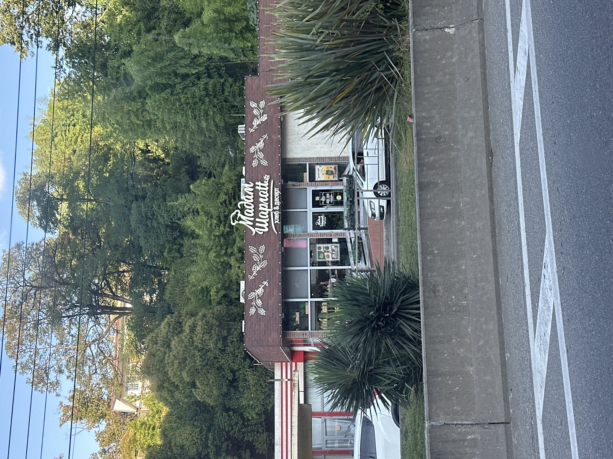 This is a photograph taken at eye level, looking at a storefront in Sochi, Russia. The storefront is for a business named "Madam Sharlott" which sells bread and desserts. The building has a reddish-brown brick facade and a dark brown roof. The name of the business is displayed in white script on the front of the building, with decorative leaf motifs on either side. There are large windows that allow a view into the interior of the establishment, where shelves and displays of goods can be seen. A white car is parked in front of the building, and a person is visible through the driver's side window. In the foreground, there is a concrete barrier separating the road from the area in front of the building, and the road itself is visible with white lane markings. Behind the storefront, a dense green forest covers a hillside. The sky above is clear and blue.