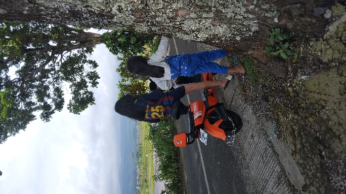 The image depicts two young individuals, likely children or pre-teens, standing by a roadside in Panjalu, Indonesia. They are positioned next to a large, textured tree trunk and an orange electric motorcycle.
On the left, one person, seen from behind with long dark hair, wears a dark blue and red striped long-sleeved shirt with the number "25" visible on the back. They stand beside an orange electric scooter or motorcycle, which has black wheels and a black seat. White text, possibly "ECOX," is faintly visible on the side of the motorcycle, and its license plate is present but unreadable.
To the right, another person, also with long dark hair, wears a light grey hoodie and blue pants with white patterns. This individual is leaning against the prominent, lichen-covered trunk of a large tree. Both individuals appear to be barefoot or wearing minimal footwear.
The setting is outdoors during the daytime under a cloudy sky. The foreground shows a paved road or path. Beyond this, a panoramic view of a rural landscape unfolds, featuring green fields, possibly rice paddies, stretching towards distant mountains or hills. The scene evokes a sense of a peaceful roadside stop in a natural, scenic environment.