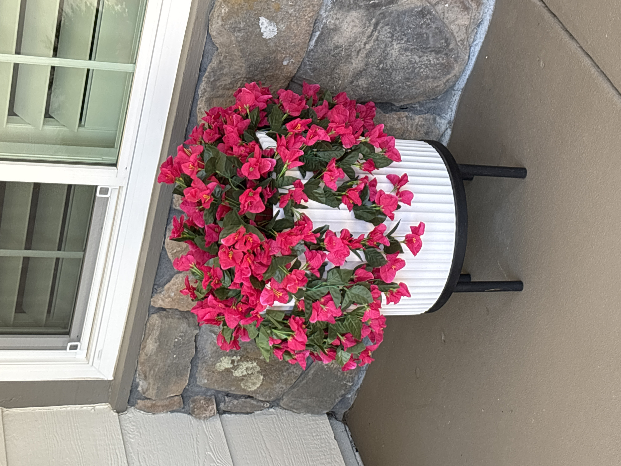 An outdoor shot shows a white ribbed planter overflowing with bright pink flowers and green leaves. The planter sits on a black metal stand with three legs and is positioned on a tan concrete surface. Behind the planter, a wall is constructed from irregular gray stones. A portion of a building with light-colored siding is visible on the left, and a window with blinds is situated above the stone wall. The scene appears to be located in Folsom, United States of America.