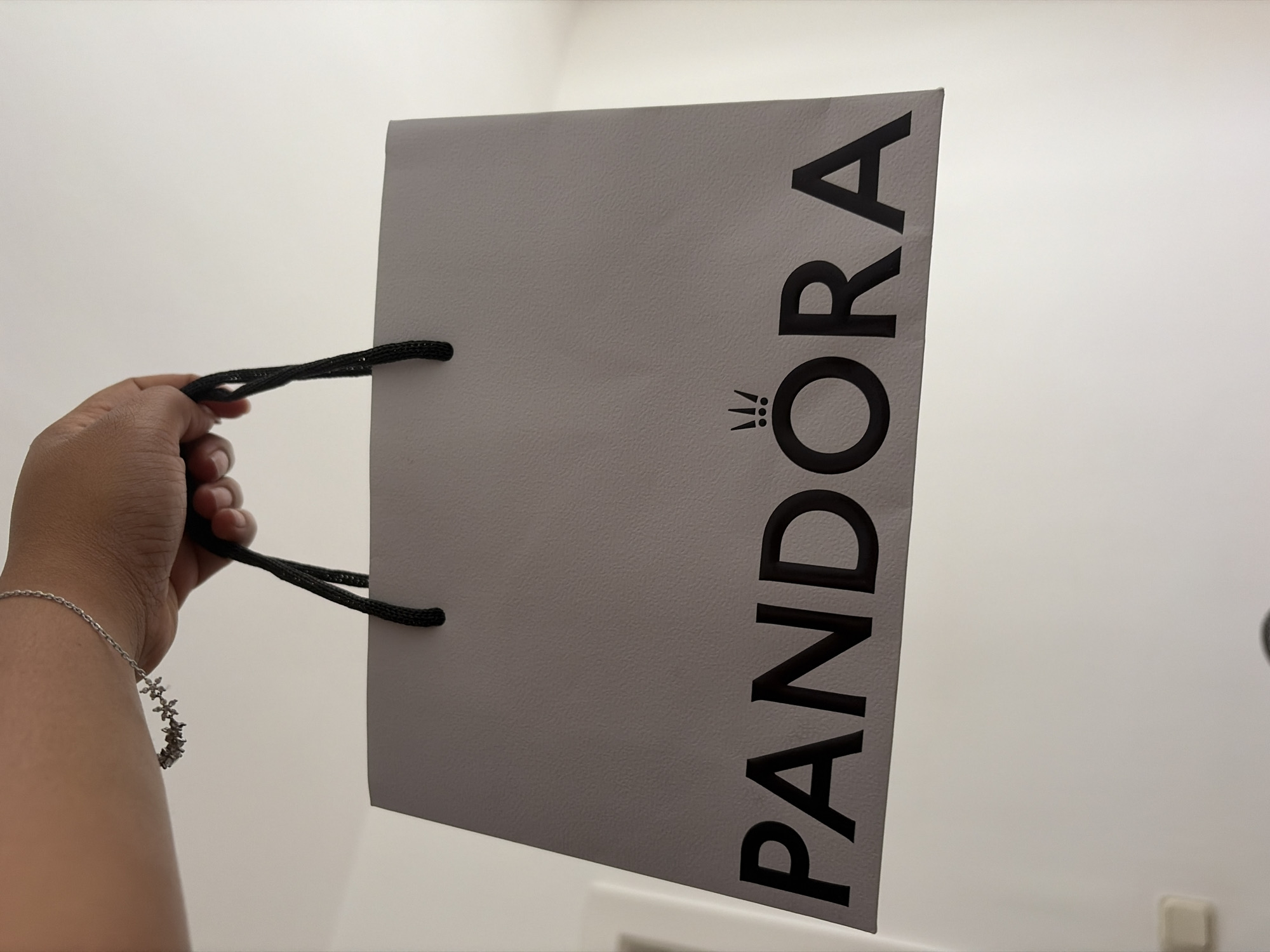 A person's hand holds a gray Pandora shopping bag by its black cord handles. The bag has the Pandora logo in black letters and a crown symbol. The background is a plain, light-colored wall. The scene appears to be indoors, possibly in a home or retail environment. There is no indication of the city of Duisburg, Germany in the image or its context.