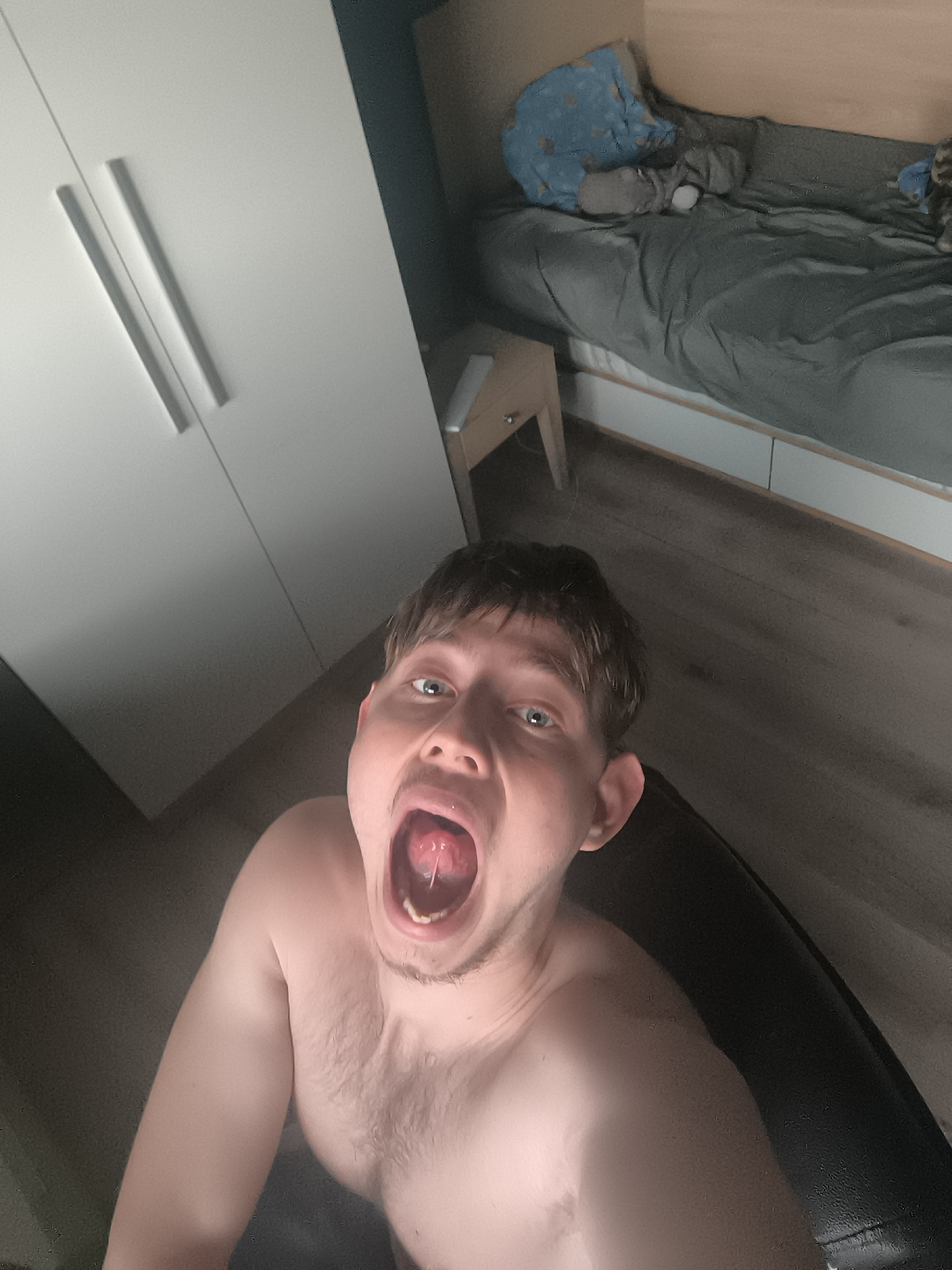 A man with short brown hair and blue eyes is taking a selfie from a low angle. He has his mouth open, revealing a tongue piercing. He appears to be shirtless. Behind him is a bedroom scene with a white wardrobe to the left, a small nightstand, and a bed with a gray comforter. The bed has a blue pillow and some stuffed animals on it. The floor is a light brown wood. There is nothing in the image to indicate this image was taken in Sofia, Bulgaria.