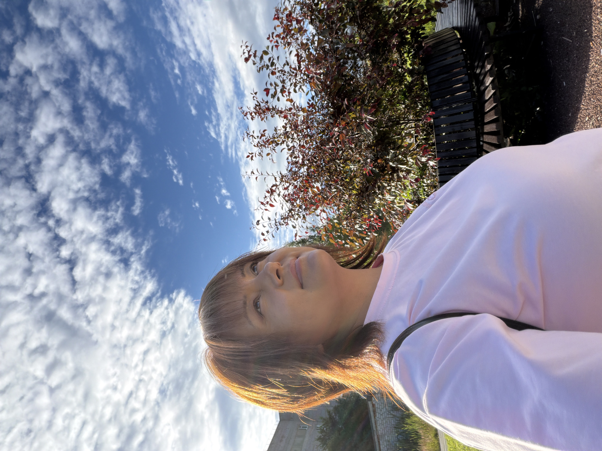 A medium shot from a low angle shows a woman with short, layered brown hair and bangs wearing a pale pink t-shirt. She is looking upwards and to the right, with sunlight illuminating her face and hair from the left. The background features a bright blue sky with scattered white clouds, a dark reddish-brown leafy shrub, and a curved dark wooden bench. To the far left, a portion of a grey building and some green grass are visible. The overall scene appears to be outdoors in a park or public space during the daytime.
