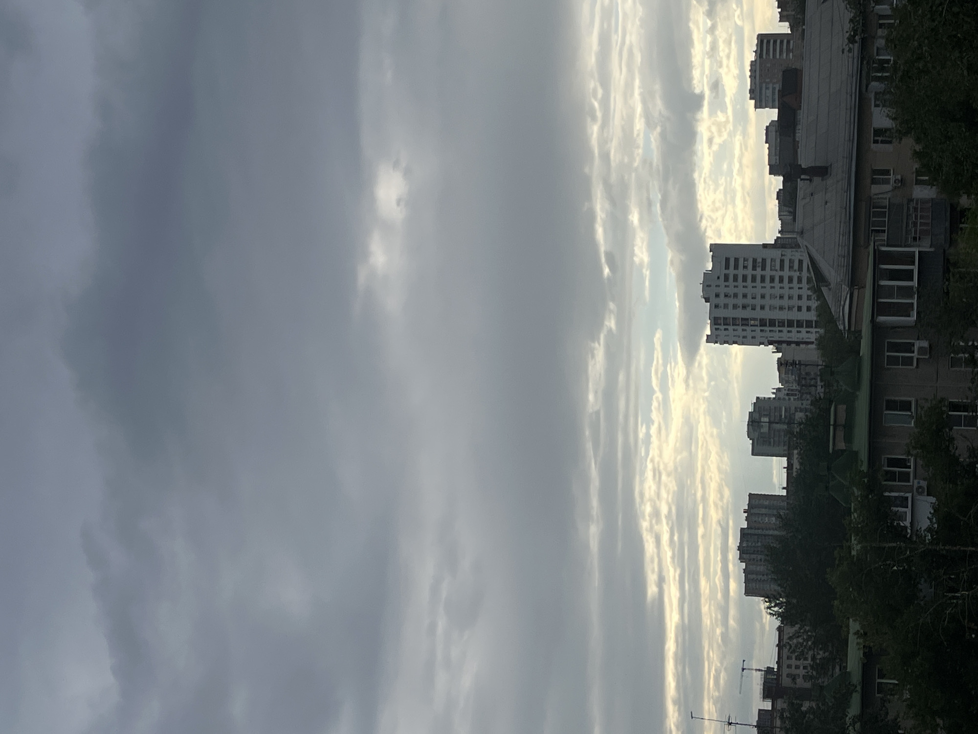This is a vertically oriented, wide shot of a cityscape with a dramatic sky. The image captures several tall residential buildings that appear to be in a Soviet-era architectural style, common in Chelyabinsk, Russia. These buildings, with their numerous windows, are lined up along the right side of the frame. Below them, closer to the foreground, are sections of other buildings and trees. The sky dominates the left side of the image and is filled with an array of clouds. Some clouds are dark and heavy, suggesting impending or recent rain, while others are thin and wispy, catching the light.
The light filtering through the clouds suggests it is either early morning or late afternoon, a time of day often characterized by softer, more diffused light. The interplay of light and shadow on the clouds creates a sense of depth and movement. The overall mood is somewhat subdued, perhaps due to the overcast conditions, but there is a striking beauty in the contrast between the geometric shapes of the buildings and the organic forms of the clouds.
No people are visible in the frame. The scene is one of urban residential life, likely captured from a higher vantage point, perhaps a window or balcony of another building. There is no visible text in the image.