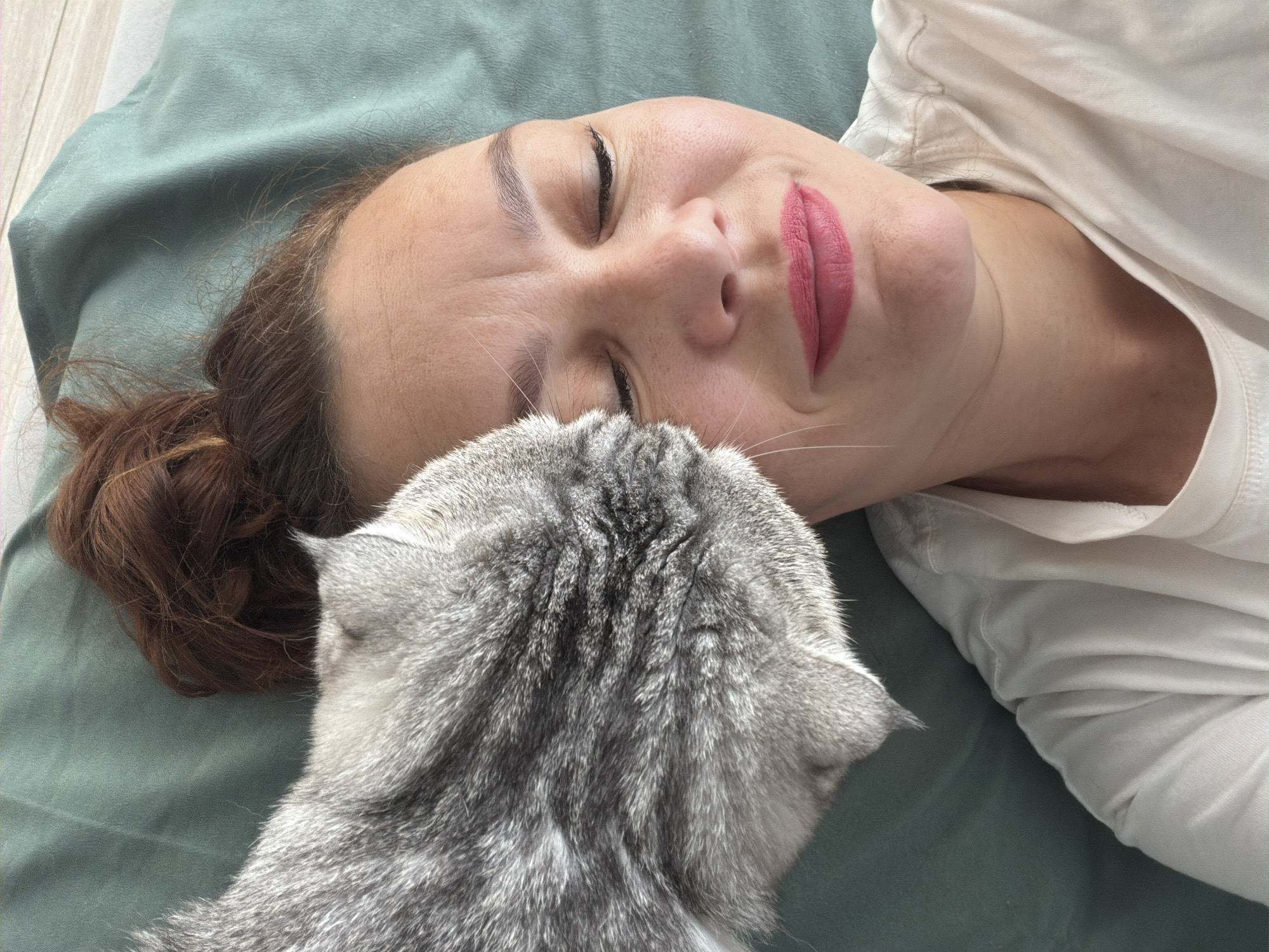 An overhead, close-up shot shows a woman lying on her side on a teal blanket, with a grey tabby cat nuzzling her cheek. The woman, who appears to be in her 30s, has her eyes closed and is smiling gently. Her hair is pulled up into a messy bun, and she is wearing a white t-shirt. The cat's head is in the foreground, obscuring part of the woman's face. The scene appears to be indoors, possibly in a bedroom. The city of Chaikovsky, Russia, is not depicted or implied in this image.