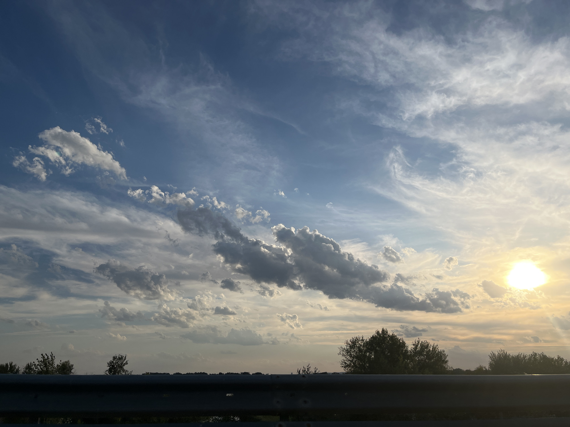 The image depicts a landscape scene from a vehicle, likely on a highway, as evidenced by the guardrail in the foreground. The sky is the dominant feature, filled with a variety of clouds ranging from wispy cirrus formations to larger, more textured cumulus clouds. Sunlight streams through the clouds, creating areas of bright illumination and casting shadows, suggesting it might be near sunrise or sunset. The horizon line is low in the frame, showing a strip of dark, silhouetted trees and vegetation against the lighter sky. The overall impression is one of a vast sky over a rural or semi-rural landscape. The location is identified as Shumeika, Russia, though no specific landmarks within the city are visible. There are no people, animals, or specific man-made structures other than the implied road and guardrail.