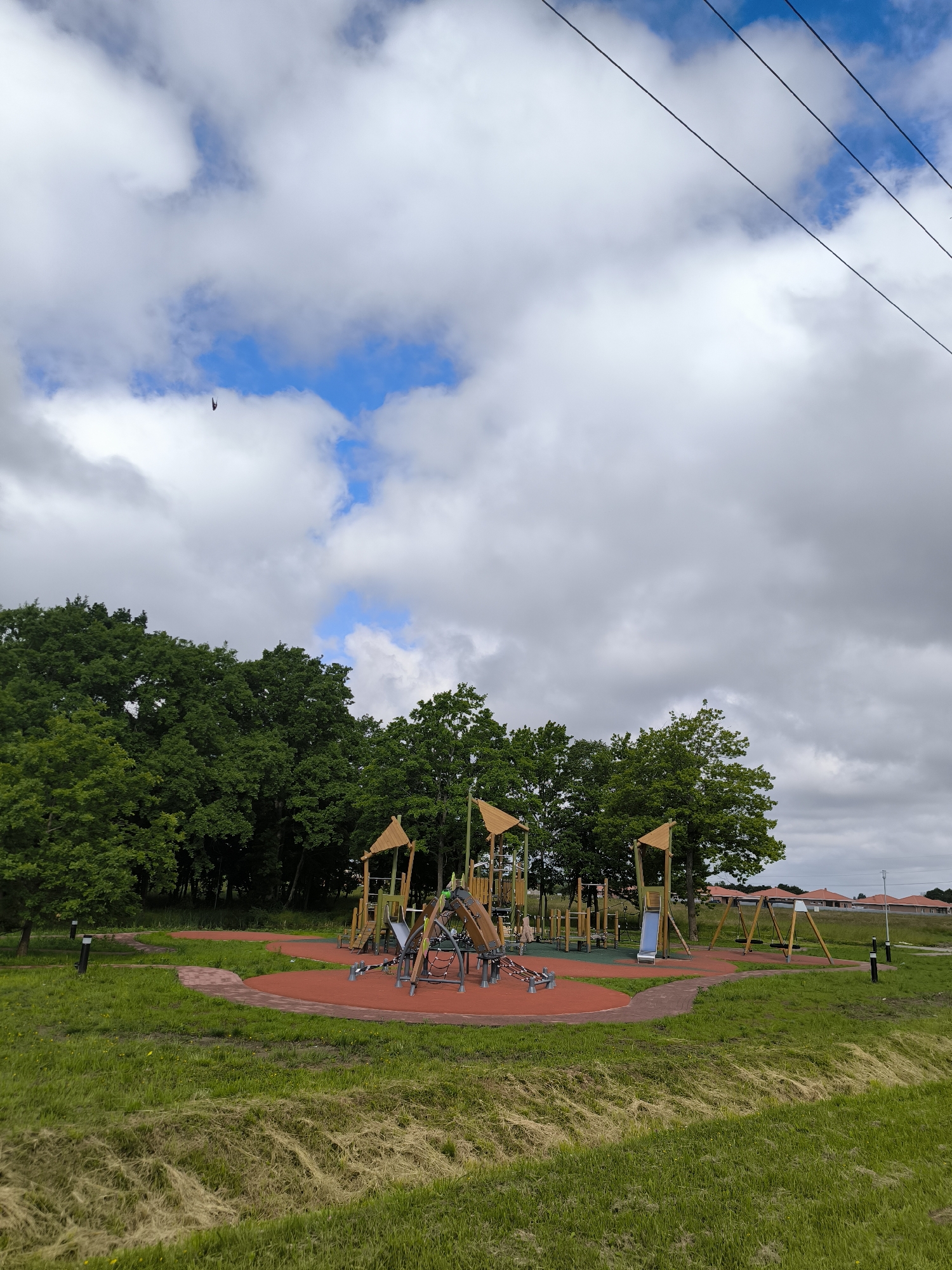 An outdoor children's playground is pictured on a cloudy day in Laskino, Russia. The playground features a complex structure with slides, climbing nets, and swings. It is situated on a red rubber surface surrounded by green grass and trees. In the background, residential buildings with orange roofs are visible. Overhead, power lines crisscross the sky, and a lone bird is captured mid-flight.