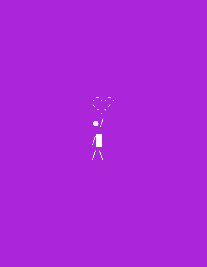 The image displays a minimalist white stick figure with a heart shape above its head against a solid purple background. The stick figure is composed of a square for the body, a circle for the head, and two diagonal lines for legs. The heart is formed by a series of dots and dashes. The overall impression is abstract and symbolic. The image does not contain any information that would allow for its location to be determined, including in the city of Yerevan, Armenia.