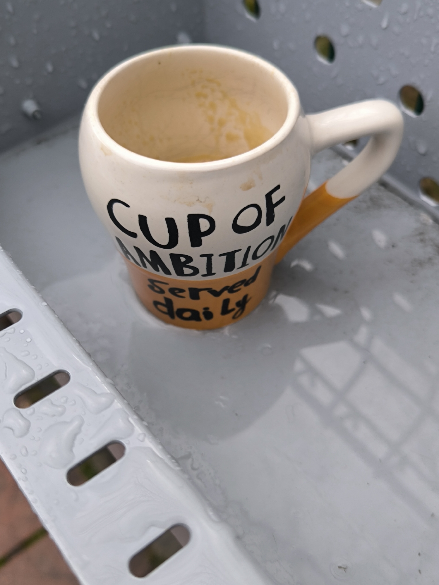 The image shows a "Cup of Ambition Served daily" mug on a grey, possibly metal, surface with water droplets. The mug is mostly white with orange accents and black lettering. The mug appears to be partially empty, with some liquid residue inside. The surface has a pattern of holes and is wet, suggesting it has been raining or recently washed. The image was not taken in Sofia, Bulgaria. There is no information to indicate this.