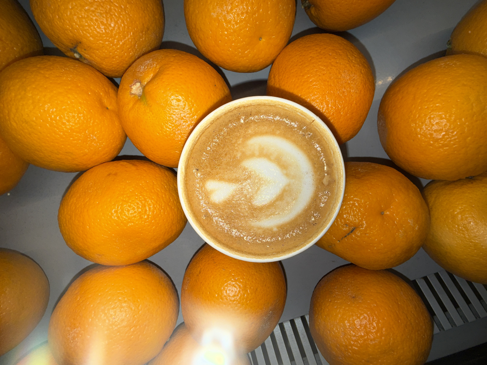 An overhead shot presents a white cup of coffee, likely a latte or cappuccino, prominently centered in the frame. The coffee's surface features intricate latte art, resembling a stylized heart or leaf design within its creamy foam.
Surrounding the coffee cup, a multitude of vibrant orange oranges fills the remainder of the image. These oranges appear fresh and whole, some exhibiting minor imperfections or parts of their stems, suggesting a natural and unprocessed look. They are arranged densely and somewhat randomly on a grey surface. In the lower left and right corners of the image, the grey surface shows distinct parallel grates or slats, indicating it might be a cooling rack, a specific type of counter, or a display shelf.
The lighting in the image is bright, creating a soft illumination. A significant bright flare or reflection is visible in the bottom-center area, possibly from a light source. No people are present, and no specific activity is taking place; the image is a static composition of food and drink items. There is no discernible text within the image. This scene is located in Veshki, Russia.