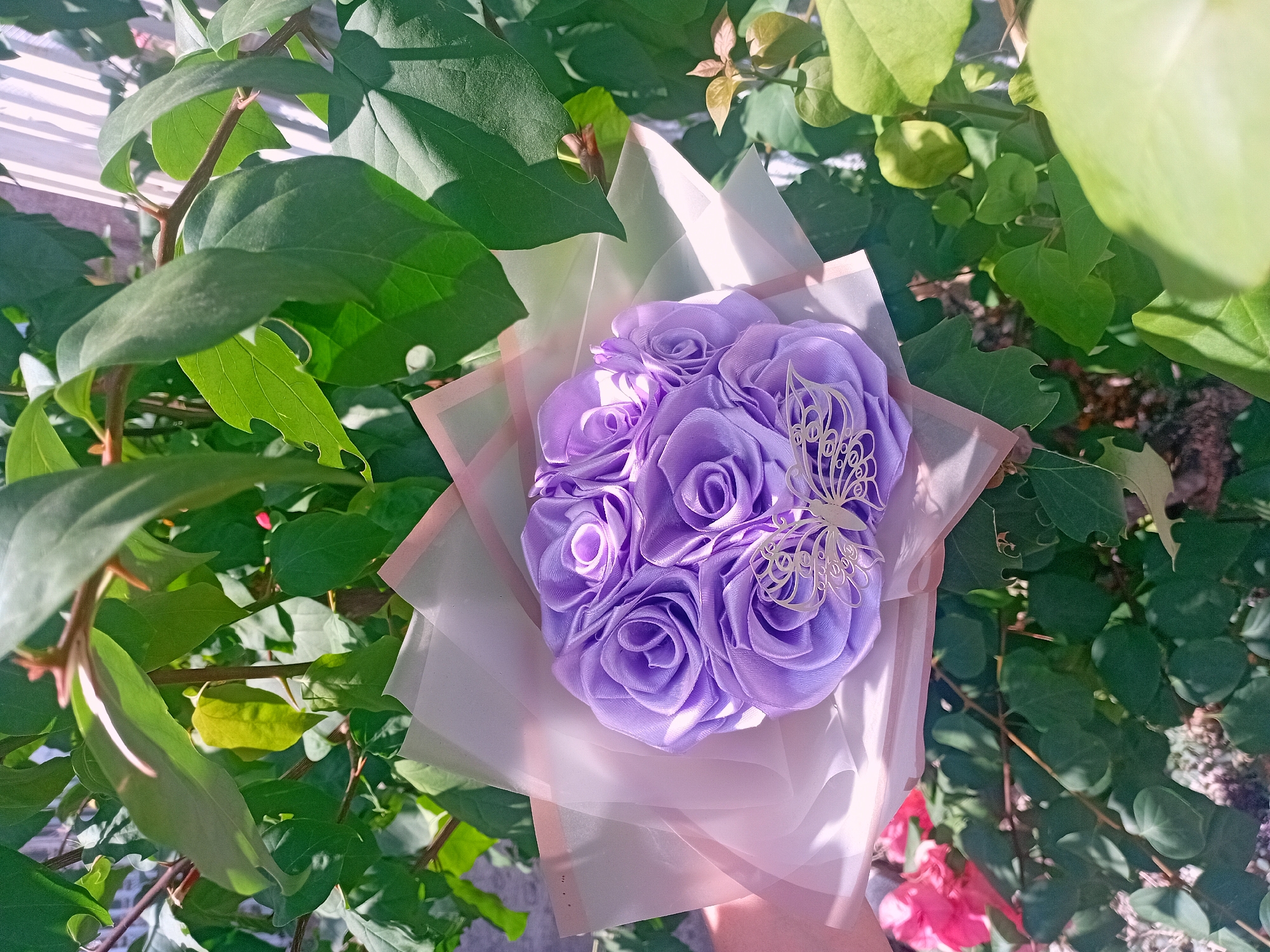 A vibrant bouquet of purple fabric roses is the central subject, held by an unseen person, against a lush backdrop of green foliage. The roses are crafted from a smooth, satin-like material, showcasing multiple petals that create a realistic and textured appearance. Adorning the upper right side of the bouquet is a delicate, intricate butterfly cutout, appearing to be made of white or silver material with an openwork design.
The bouquet is elegantly wrapped in layers of soft, translucent material, primarily featuring a light pink or lavender hue on the outer layers, complemented by a sheer, whitish inner wrapping. Part of a hand is visible at the bottom of the frame, holding the bouquet.
The setting is an outdoor, verdant environment, indicative of a garden or natural area, characterized by an abundance of various green leaves and branches that densely surround the bouquet. The foliage displays a range of green shades, from bright lime to deeper emerald, with some leaves showing clear veins and textures. Bright, direct sunlight illuminates the scene, casting distinct shadows on the leaves and highlighting the texture of the roses and their wrapping, suggesting it is daytime—likely mid-morning or afternoon—under clear, sunny weather. In the blurred background, hints of other elements like a light-colored structure and some soft, out-of-focus red or pink flowers can be seen nestled within the greenery.
The scene conveys a sense of natural beauty and thoughtful presentation, with the artificial roses harmonizing with the natural surroundings. This aligns with the tropical environment of Parroquia Ocumare, Venezuela, which is the provided location context. There is no visible text in the image.