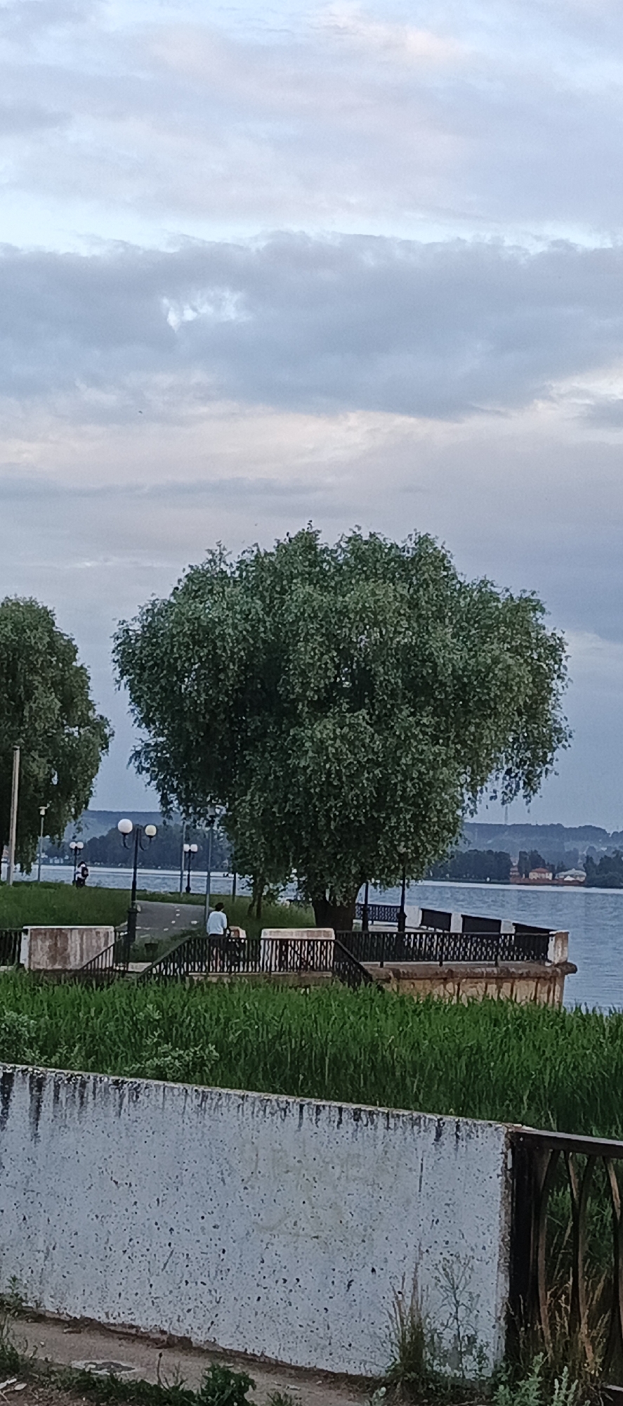 The image depicts a waterfront scene in Votkinsk, Russia, likely during overcast weather. In the foreground, a rough, light-colored concrete wall with dark staining runs horizontally across the lower portion of the frame. Behind this wall, dense green grass and vegetation are visible. A black metal railing with vertical bars and ornate decorative elements lines the top of the wall.
Beyond the railing, a paved pathway curves through a green grassy area, lined with lampposts. A solitary person wearing a light blue shirt and dark pants stands on the pathway, appearing to be walking away from the camera. Further back, a large, bushy green tree dominates the center of the image.
The pathway leads to a raised, curved promenade overlooking a body of water. This promenade features several black metal benches. The water appears calm, reflecting the cloudy sky. Across the water, the distant shore is visible with trees and buildings, suggesting the presence of the town or city. Two more lampposts are positioned on the promenade. To the left, the top of another large green tree is visible. The sky is filled with a mix of light and dark grey clouds, indicating potentially inclement weather or the approach of evening.