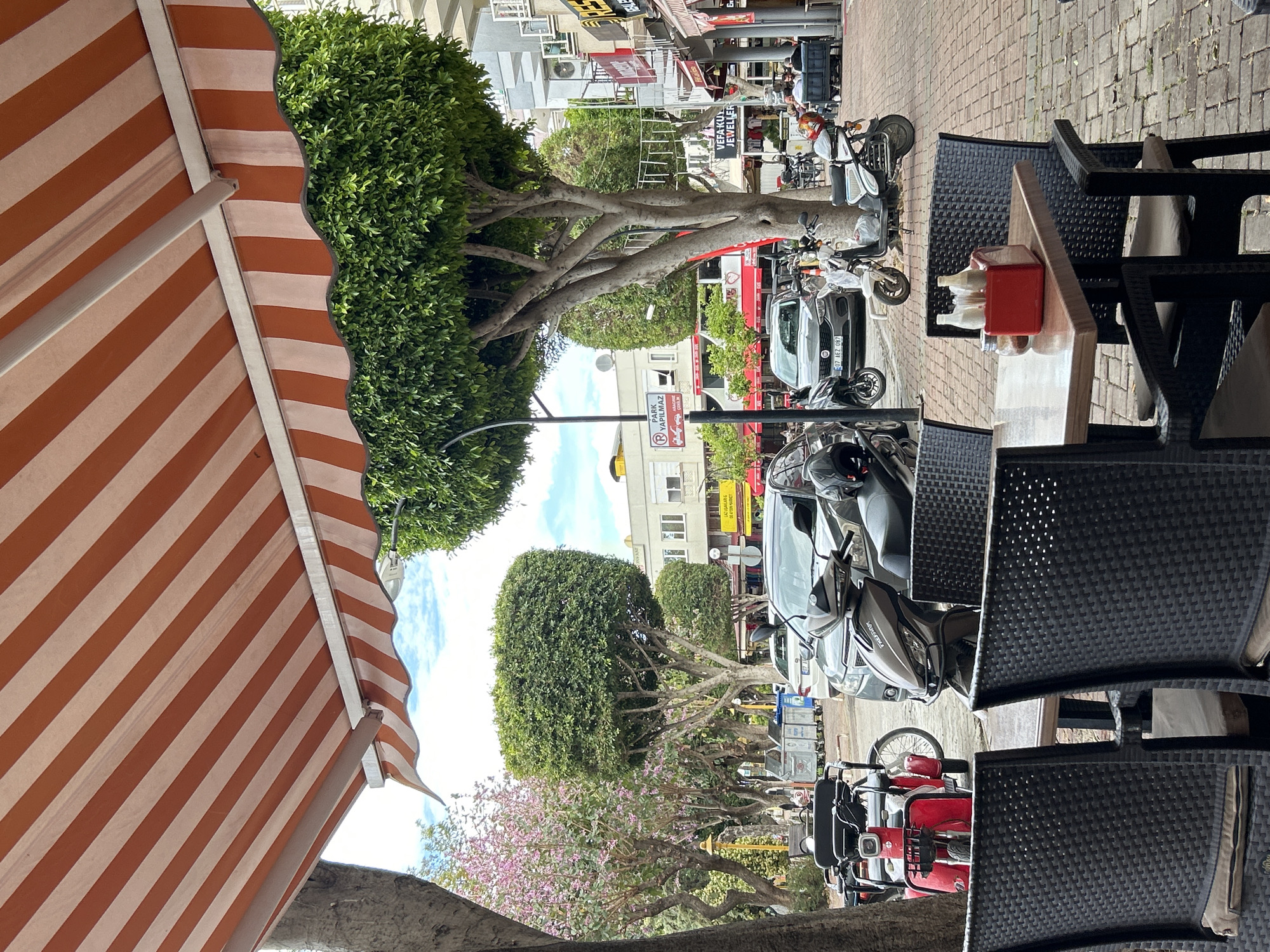 The image depicts a street scene in Alanya, Turkey. A red and white striped awning covers an outdoor seating area with dark, woven chairs and light-colored tables. A red box and condiment bottles sit on one of the tables. The street is lined with parked scooters and cars. Trees with trimmed foliage, some in bloom with pink flowers, run along the road. Shops and buildings are visible in the background, with signs in Turkish. People can be seen walking further down the street. The scene is captured from a seated position looking out onto the street.
