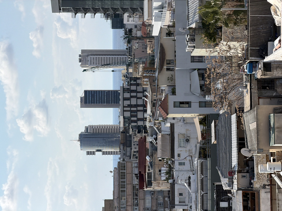 The image depicts an urban landscape in Tel-Aviv, Israel, viewed from an elevated position looking towards the west, with the Mediterranean Sea visible on the horizon. The sky is partly cloudy with scattered cumulus clouds.
In the foreground, a dense collection of residential and commercial buildings with varied architectural styles is visible. Rooftops feature numerous satellite dishes, solar water heaters, white water tanks, and air conditioning units. Some roofs are made of corrugated metal, others of concrete or tiles. Several buildings are painted white or light colors, showing signs of weathering and aging, with visible window frames, balconies, and awnings. One prominent building in the mid-foreground has a red-tiled hip roof and tall, narrow windows. Deciduous trees, currently bare of leaves, are scattered among the buildings.
The midground features a continuation of the urban sprawl, including more modern structures with repeating window patterns and distinct facades, such as a building with a dark and white checkered pattern. A large green construction crane is visible, extending high above the surrounding buildings, positioned near a lighter-colored, multi-story building.
In the background, several prominent skyscrapers dominate the skyline, rising above the mid-rise structures. From left to right: a tall, cylindrical glass-clad skyscraper (identifiable as the Azrieli Sarona Tower) stands prominently, next to a tall, dark rectangular building. Further to the right, another tall, lighter-colored rectangular building is partially obscured by the crane. The deep blue expanse of the Mediterranean Sea forms the ultimate background, meeting the horizon directly behind these distant high-rise structures. No individuals or specific actions are discernible. The scene is illuminated by natural daylight.