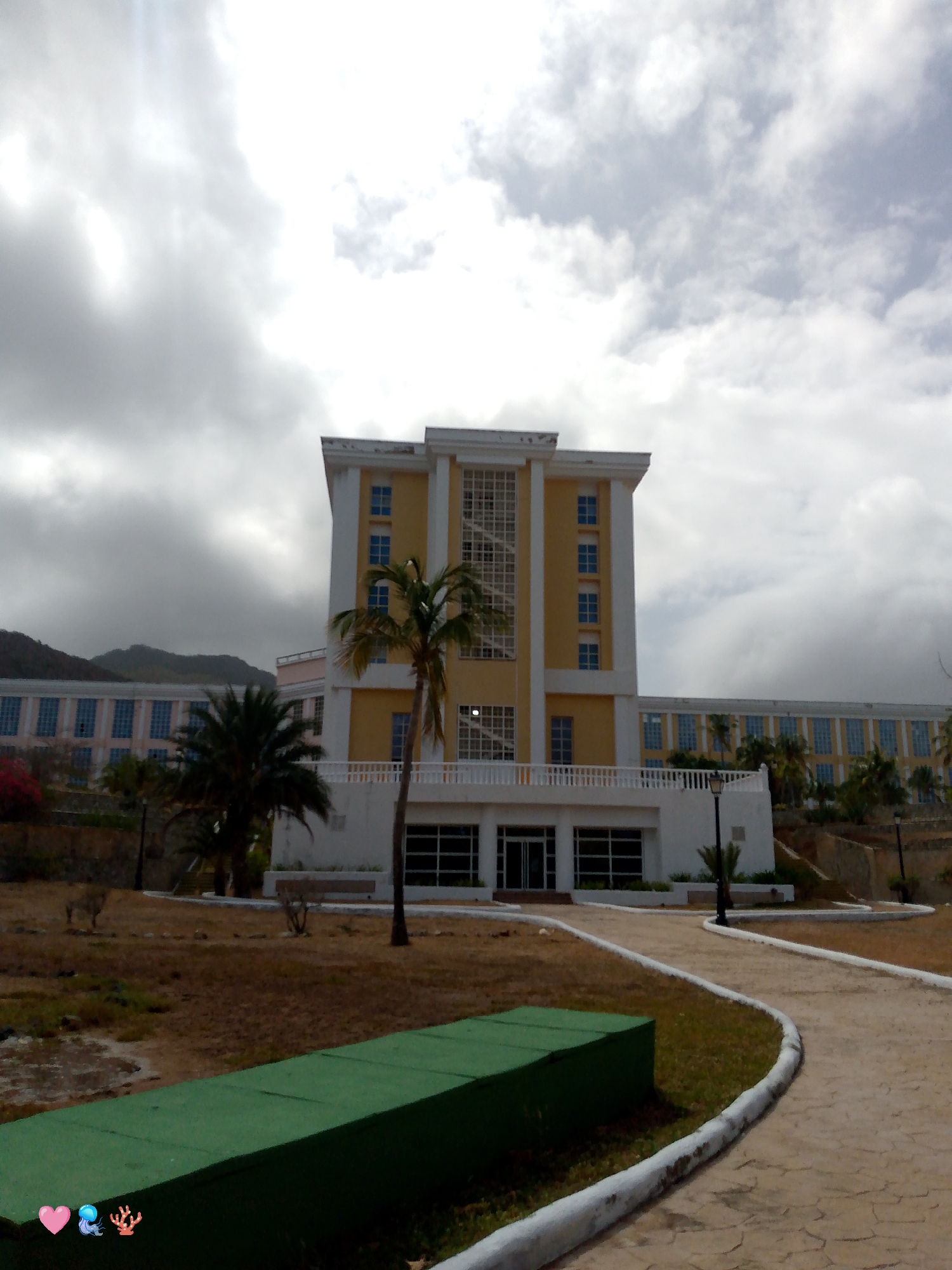 The image captures a multi-story building with a yellow and white facade in Pedro González, Venezuela. The architectural style appears to be modern with a central tower-like structure featuring grid-patterned windows. A palm tree stands in front of the building. The foreground shows a stone-paved walkway bordered by a green rectangular object and unkempt grassy areas. In the background, a lower, elongated building with similar architectural features and numerous windows extends horizontally. Further in the distance, a mountain range is visible under a cloudy sky. No people are visible in the immediate view. The scene suggests a governmental or institutional building within a somewhat barren or neglected landscape.