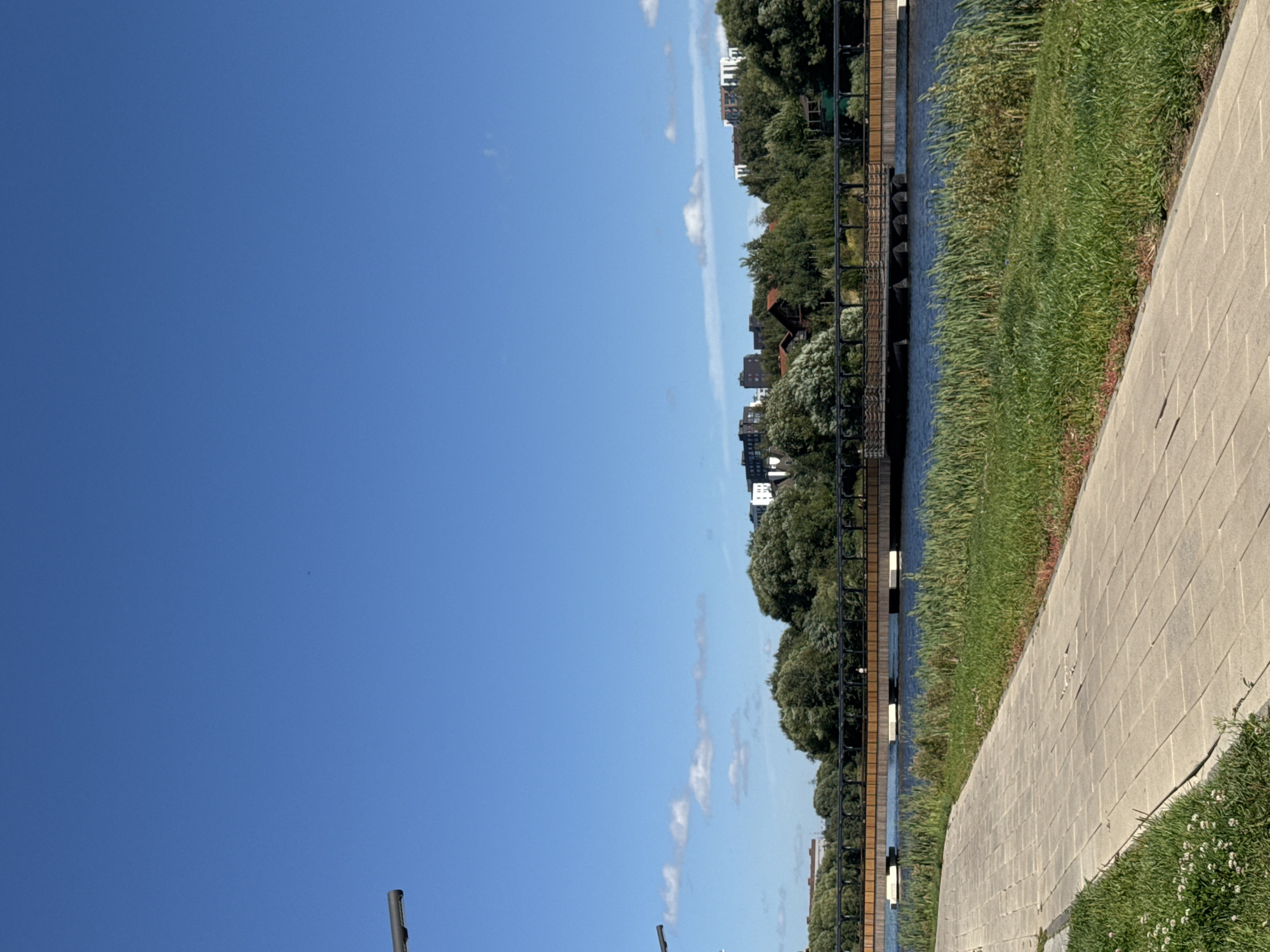 An outdoor, eye-level, vertical shot shows a paved walkway in the foreground. The walkway is made of light-colored, rectangular pavers and is angled from the bottom left to the middle right of the frame. To the right of the walkway is a strip of bright green grass with some taller reeds closer to the water. Beyond the grass is a body of blue water, and further back is a wooden bridge with dark metal railings and several white supports. Across the water, a dense line of lush green trees forms a backdrop. Behind the trees, several modern buildings, some with white exteriors and dark windows, are visible, suggesting an urban or suburban development. The sky is a clear, bright blue with a few wispy white clouds. Two dark lamp posts are partially visible on the left side of the frame, extending from the top edge. The overall scene appears to be a park or recreational area. The location is the city of Kommunarka, Russia.