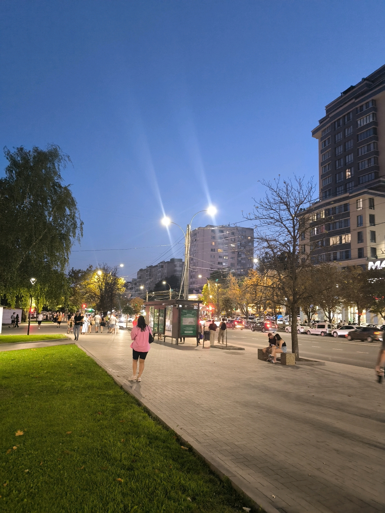 The image depicts a street scene in Chișinău, Moldova, during twilight. A wide, paved sidewalk runs parallel to a multi-lane road where traffic is visible, including cars and a white van. The sidewalk is lined with trees and streetlights, some of which are illuminated. On the left side of the sidewalk, a well-maintained green lawn with scattered autumn leaves is present.
Several people are visible on the sidewalk. In the foreground, a woman wearing a pink jacket and black shorts walks away from the camera. Further down the sidewalk, a group of people are walking and standing, and a couple sits on a bench. A bus stop shelter with visible advertisements is also present.
In the background, several multi-story buildings are visible. One building on the right is a modern apartment complex with illuminated windows. Other buildings appear to be older apartment blocks. The sky is a deep blue, characteristic of dusk. The overall impression is a bustling urban environment in the early evening.