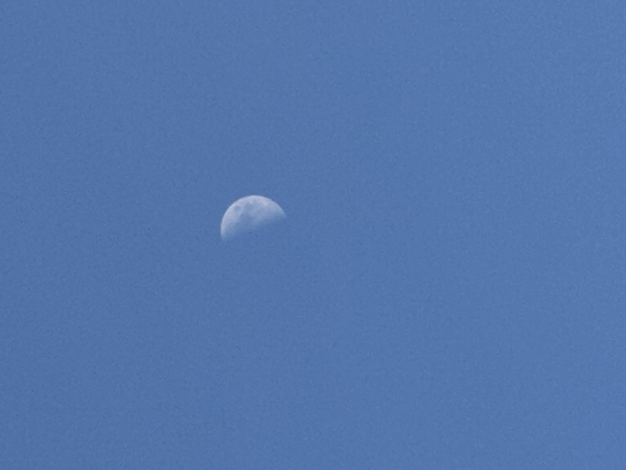 The image shows a crescent moon in a clear blue sky. The moon is positioned in the upper left quadrant of the frame. The sky is a uniform shade of blue.
There is no information in the image about the location in the city of Neftekamsk, Russia. Therefore, I cannot include any information about this.