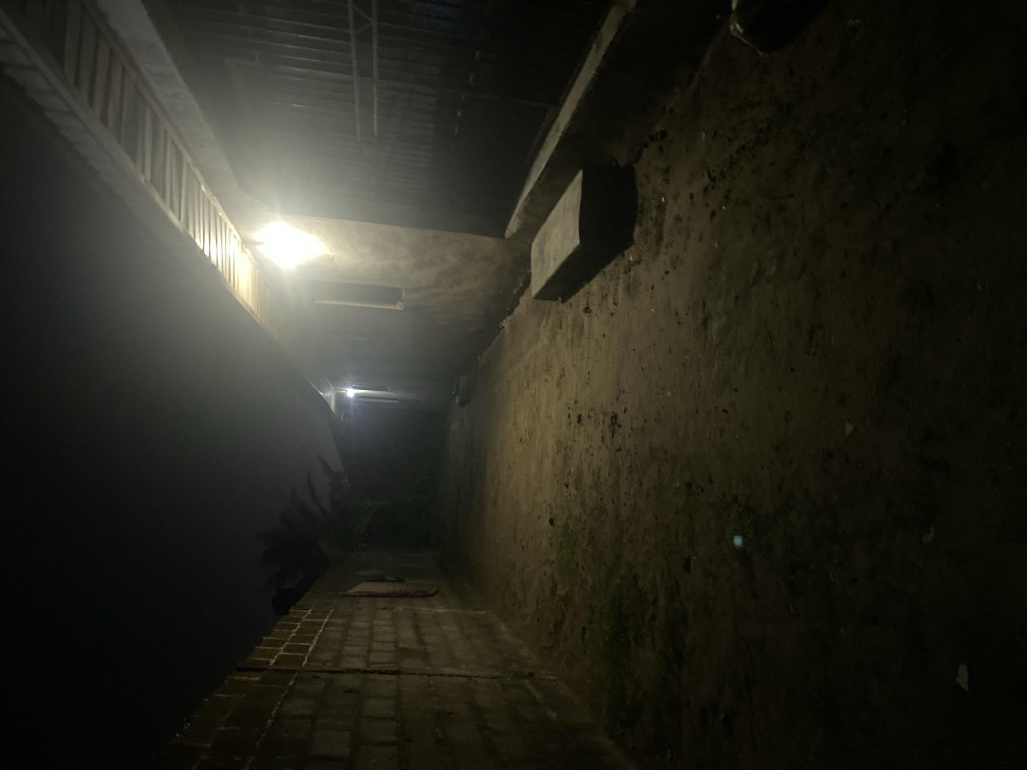 The image shows a narrow alleyway at night. The ground is paved with bricks, and the walls on either side are rough and aged. A bright light illuminates the front of the alley, casting long shadows. The left side of the alley has a structure overhead, possibly a building with a fence above. The right side features a protruding concrete structure along the wall. The environment appears dark and potentially overgrown with vegetation on the right side. There are no visible people or immediate actions taking place. The location is in an Unknown city.