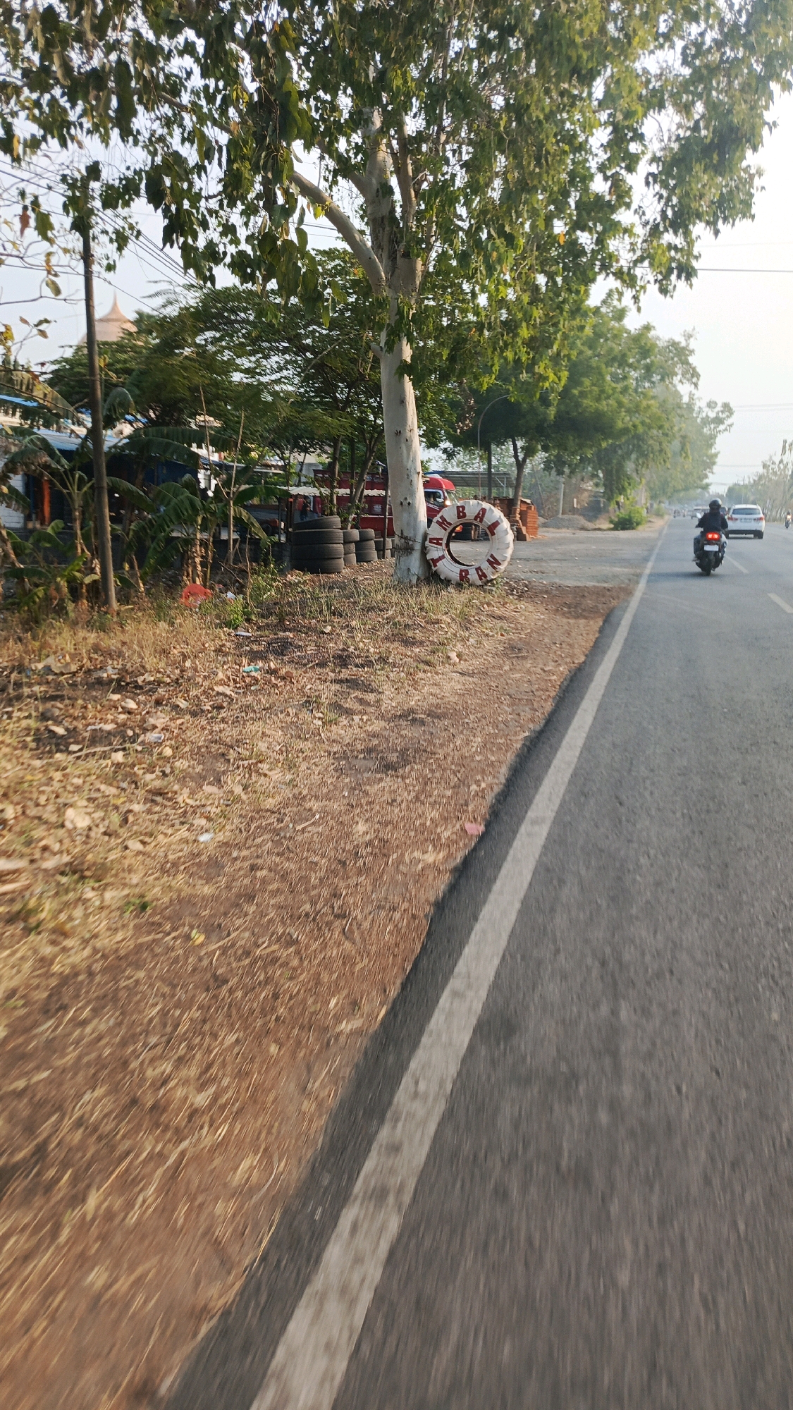 The image captures a roadside scene in Babadan, Indonesia. A tall tree with lush green foliage stands prominently on the left side of the frame, adjacent to a dusty dirt shoulder. Several stacks of tires are visible near the base of the tree. A life preserver, white with red lettering spelling out "BABADAN", is leaning against the tree. Beyond the tree, there is a glimpse of buildings and vegetation, suggesting a semi-urban or rural setting. A paved road runs along the right side of the image, with a white line marking the edge. A motorcyclist in dark clothing is seen riding on the road, followed by a white car. The overall lighting suggests it is daytime, possibly late afternoon given the golden hue of the sunlight.