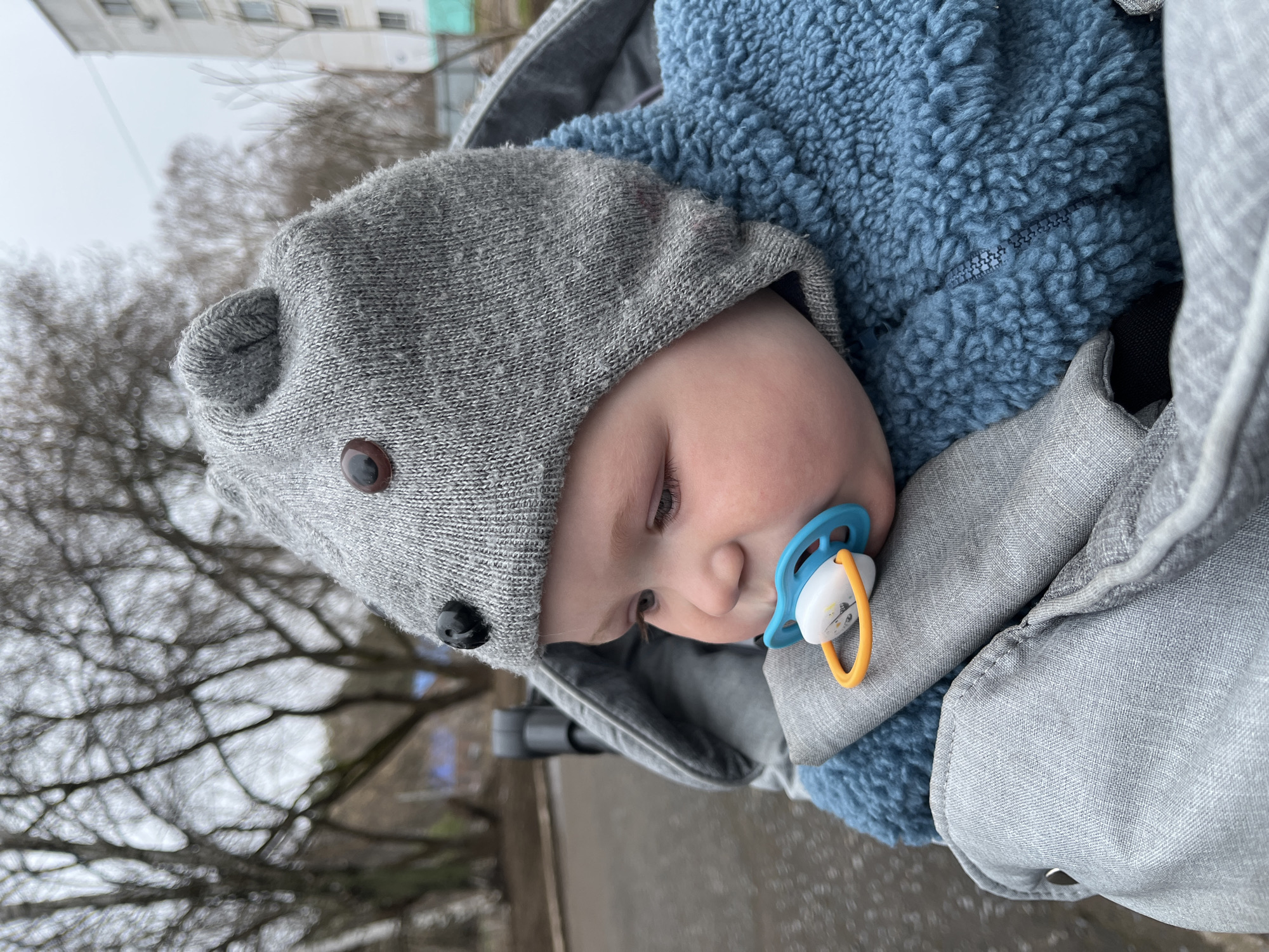 An outdoor, slightly tilted, close-up shot captures a baby nestled in a light gray stroller, likely in Chaikovsky, Russia. The baby is dressed warmly, wearing a gray knitted hat styled with bear ears and two dark button eyes. A blue fleecy jacket or suit is visible beneath the hat, suggesting cool weather. A blue, white, and orange pacifier is in the baby's mouth. The baby's face is partially visible, with light-colored eyes looking downwards and slightly to the right.
The background features a blurred view of bare trees with intricate branches, indicating a winter or early spring season. In the distant upper left, a multi-story building, possibly an apartment complex, is faintly visible against an overcast, grey sky. The scene depicts a calm daytime outing, with the baby appearing content in their warm attire. There is no visible text in the image.