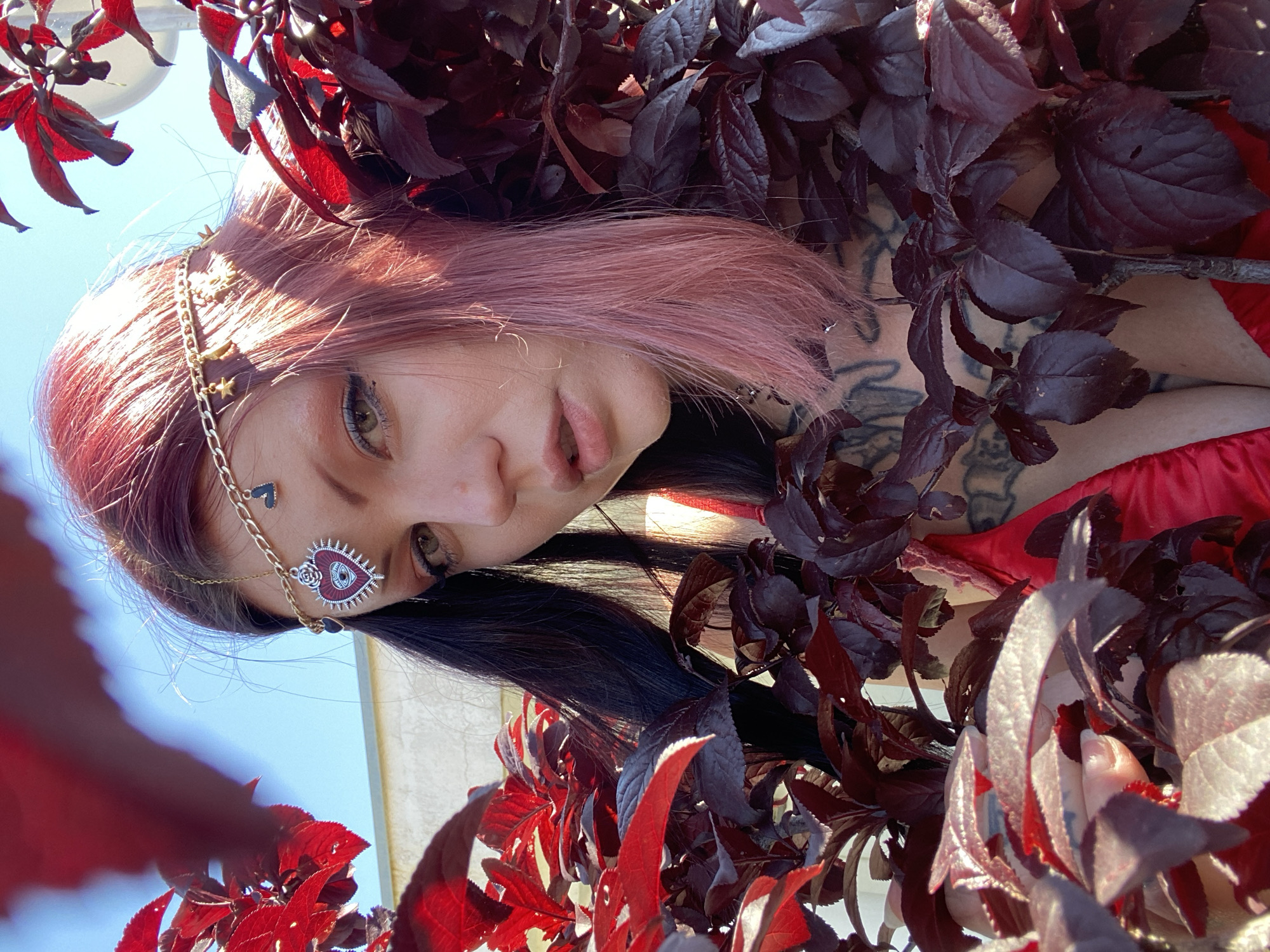 An upward-angled, close-up portrait features a person with pink/rose gold hair, framed by dense, dark red foliage and a bright blue sky. The individual, looking directly at the camera with a neutral expression, wears a decorative gold chain headpiece adorned with small charms such as stars, a sun, and black hearts. A prominent red heart-shaped medallion featuring an "evil eye" design is visible near their temple.
Their eyes are light-colored, enhanced with dark eyeliner and mascara. Partially visible tattoos can be seen on their neck and shoulder, intertwined with the dark red leaves. A piece of red fabric or clothing is visible on the person's right side. The foliage, possibly from a red-leafed tree or bush, is brightly illuminated by direct sunlight, creating highlights and shadows and partially obscuring the figure. The background is a clear, light blue sky. The strong, direct light indicates a daytime setting, likely midday or early afternoon, under sunny conditions. The scene is set outdoors in Kunje, Montenegro. No visible text is present in the image.
