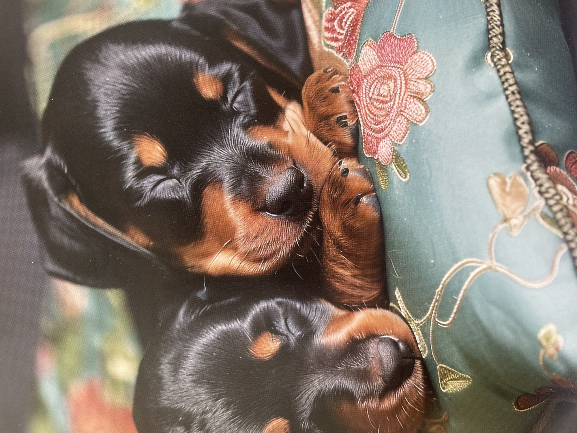 The image captures two adorable puppies, likely Dachshunds or a similar small breed, sleeping soundly together. Both puppies exhibit a striking black and tan coat, with shiny black fur and distinct tan markings around their eyes, muzzles, chests, and paws. Their eyes are closed, indicating a peaceful slumber, and their small, black noses are visible.
The puppies are nestled against and partially on a decorative cushion or pillow. This pillow is a prominent object in the frame, characterized by its rich teal or turquoise fabric. It features intricate embroidery with large, stylized floral patterns in shades of red and orange, accompanied by green leaves and delicate golden vine-like designs. A braided or textured trim, possibly in black and gold, runs along the right edge of the pillow.
The composition shows one puppy resting its head and front paws, with visible small dark paw pads, while the other puppy's head is visible beneath it, also in deep sleep. The overall scene conveys a sense of warmth, tranquility, and cuteness. The background is softly blurred, suggesting an indoor setting. There is no visible text in the image. This media file is associated with Sofia, Bulgaria.