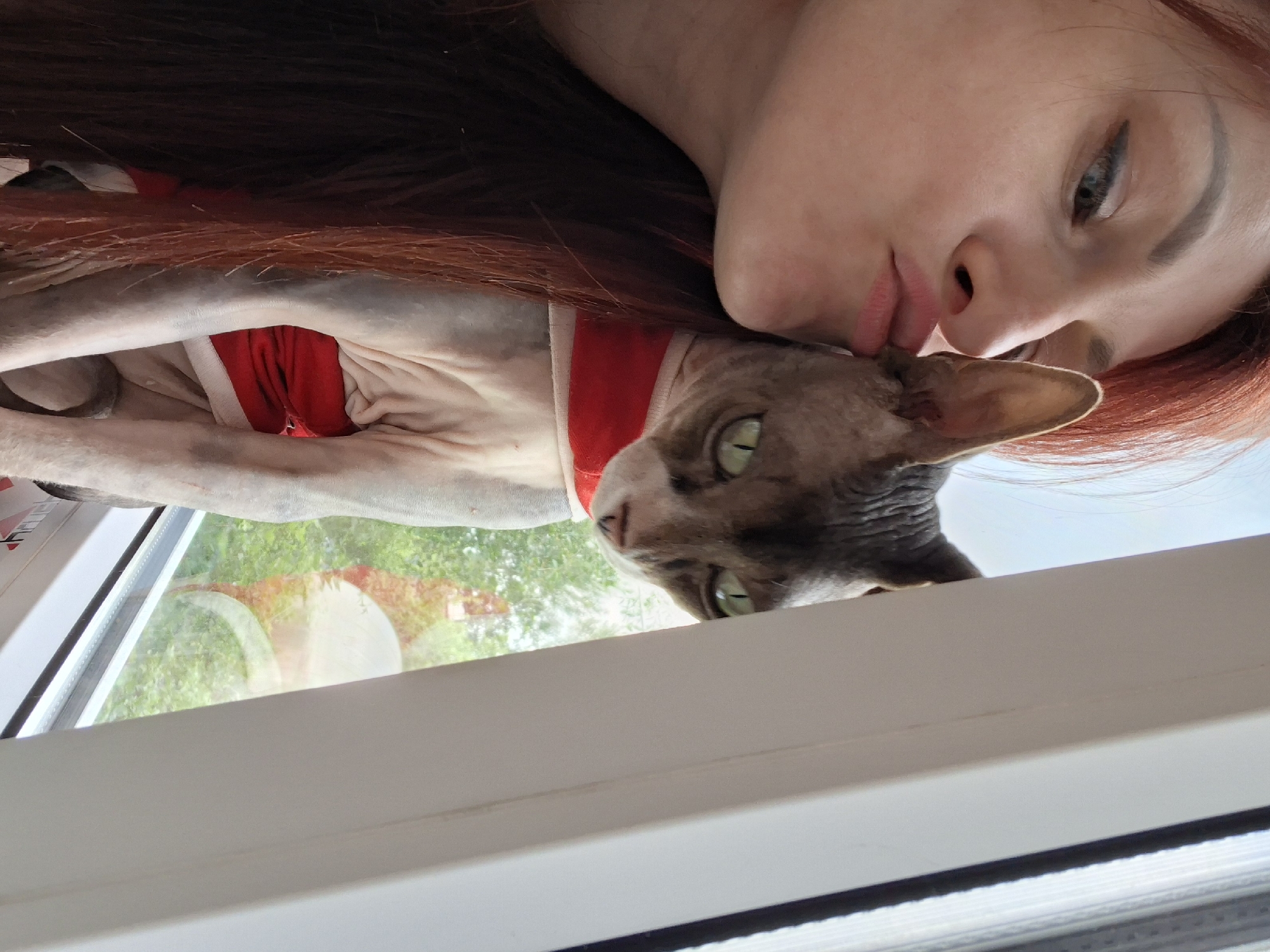 The media file shows a close-up, overhead shot of a young woman with long, reddish-brown hair lying down and nuzzling a Sphynx cat. The cat is wearing a red and white garment, possibly a sweater or shirt. The woman's face is close to the cat's head, with her lips near its ear. The cat has green eyes and greyish skin.
They are positioned on what appears to be a windowsill. Through a window behind them, a blurry view of green foliage and sunlight is visible, suggesting it is daytime. The scene is intimate and tender, conveying affection between the woman and her pet. The woman's expression is soft, and the cat seems relaxed.
The image has a slightly tilted perspective, as if taken by someone also lying down or looking over the subjects. No visible text is present in the media file. The overall impression is one of warmth and companionship.