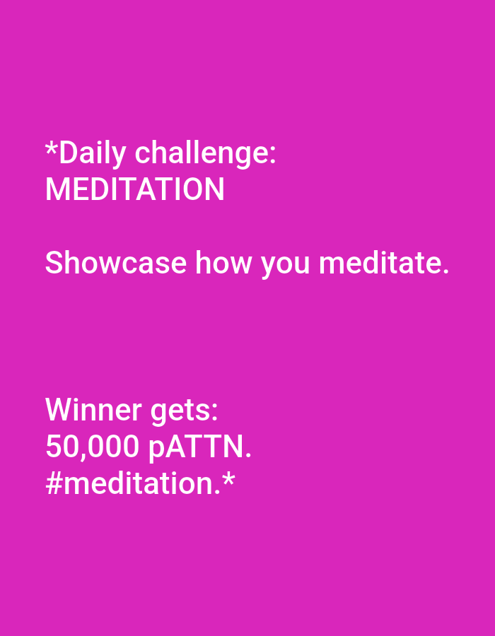 This media file is a digital image with a vibrant magenta background. White text is overlaid on the background, conveying a message about a daily challenge.
The text is divided into several lines, with the first line reading "*Daily challenge:". This is followed by the word "MEDITATION" in larger, capitalized letters on the next line. Below this, the phrase "Showcase how you meditate." is presented.
The subsequent lines announce the prize for the winner. It states "Winner gets:" followed by "50,000 pATTN." The final line is a hashtag, "#meditation.*".
There are no people, objects, or specific scenes depicted in the image. The focus is entirely on the text and the background color. The setting is abstract, with no discernible location cues. The time of day and weather are not indicated. The emotion conveyed is one of invitation and challenge, related to the practice of meditation.