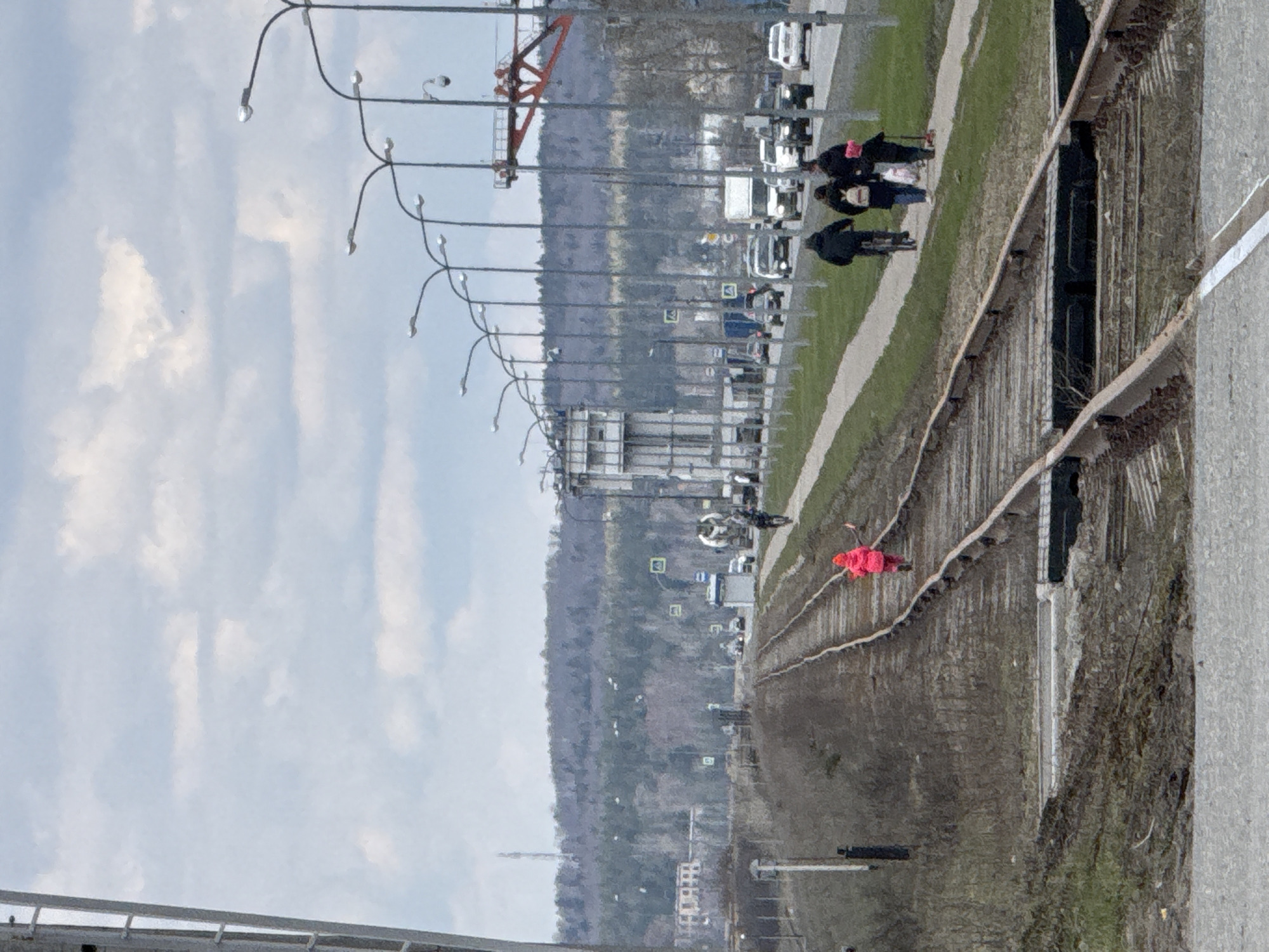 The image shows an elevated perspective of a scene in Chaikovsky, Russia. A row of streetlights lines the left side of the frame, suggesting a street or road runs parallel. Beyond this, a line of trees or a forest stretches into the distance under a partly cloudy sky. To the right, a road or sidewalk is visible where a group of people is walking. Further to the right, there is what appears to be a wall or barrier, made of concrete or stone, and an object caught on top, appearing to be clothing.