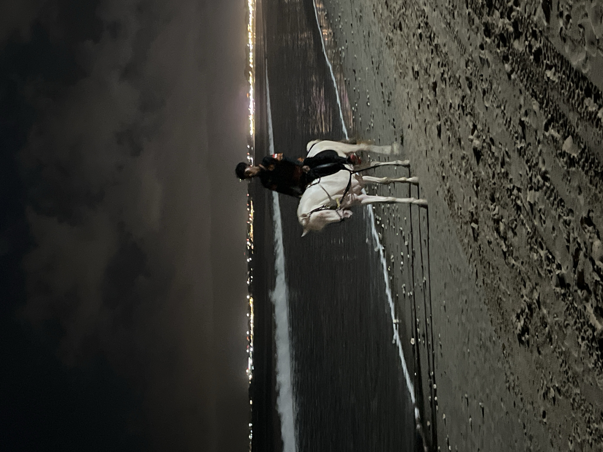 A person is riding a white horse on a beach at night. The person is wearing a dark top with orange accents and dark pants. The horse has a white mane and tail. The beach is dark, with tire tracks visible in the sand. The ocean is to the left of the horse, with waves breaking on the shore. In the background, there is a city skyline with lights. The sky is dark with clouds. The image appears to have been taken in Kuta Selatan, Indonesia, judging by the presence of the beach and ocean at night, typical of the area.