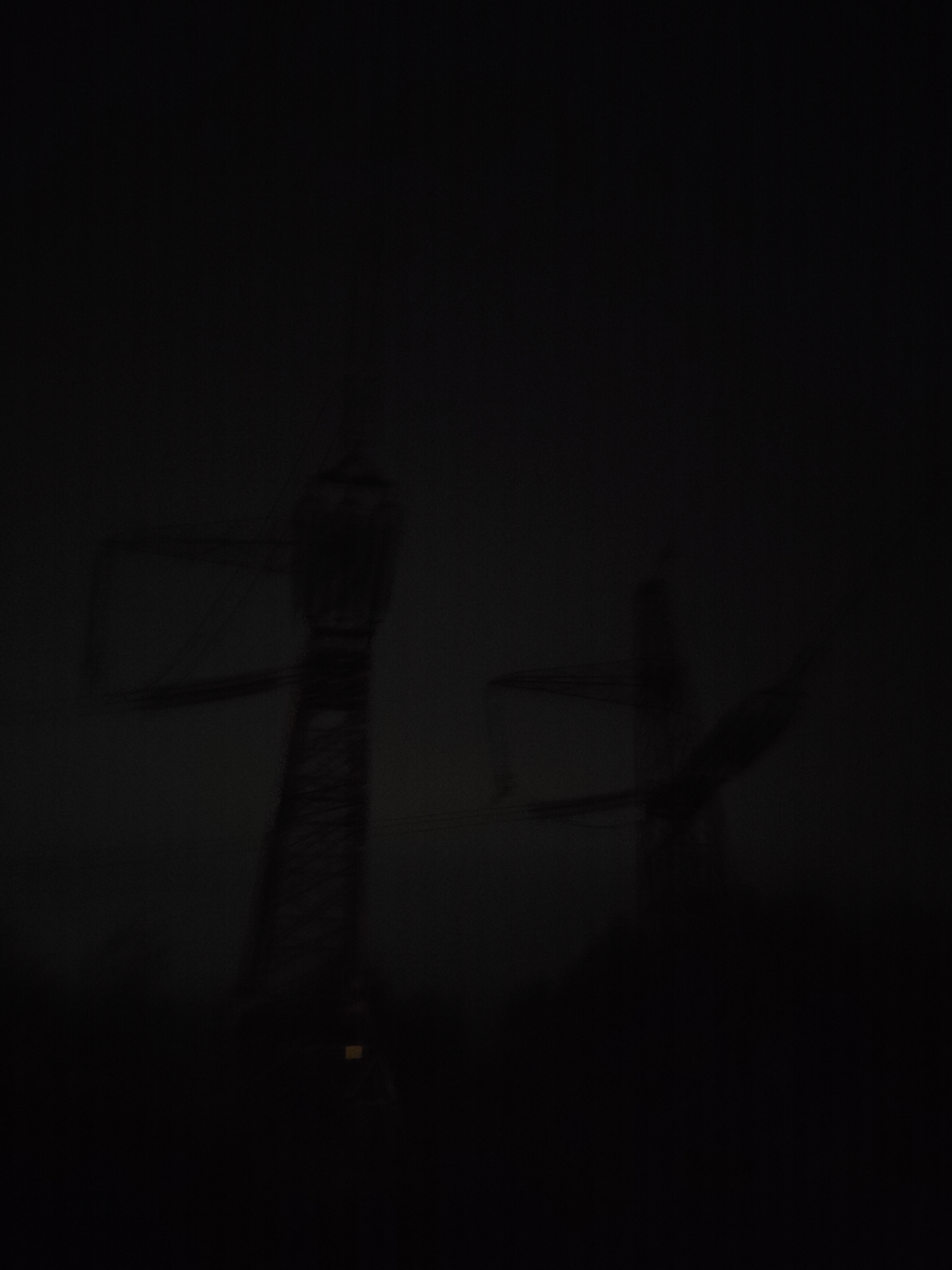 The image displays an extremely low-light, outdoor scene, likely at night or during heavy overcast conditions, depicting two large electrical transmission towers in Chaikovsky, Russia. The towers appear as dark silhouettes against a slightly lighter, indistinct grey background, suggesting the presence of fog or heavy mist, which contributes to the overall blur and lack of sharp detail.
The tower on the left is a tall, lattice steel structure with multiple cross-arms extending horizontally from its upper section, supporting what appear to be power lines. A small, faint, yellow-orange rectangular light source is visible near the base of this tower, slightly to the right of its central vertical axis.
The second transmission tower is positioned to the right of the first, also appearing as a dark silhouette with visible cross-arms, though it is less distinct due to the poor lighting and atmospheric conditions, possibly compounded by motion blur.
The foreground is entirely obscured by darkness, revealing no ground details or specific objects immediately below the towers. The overall environment conveys an industrial setting characterized by low visibility and a desolate atmosphere. No people, animals, or vehicles are discernible in the scene.