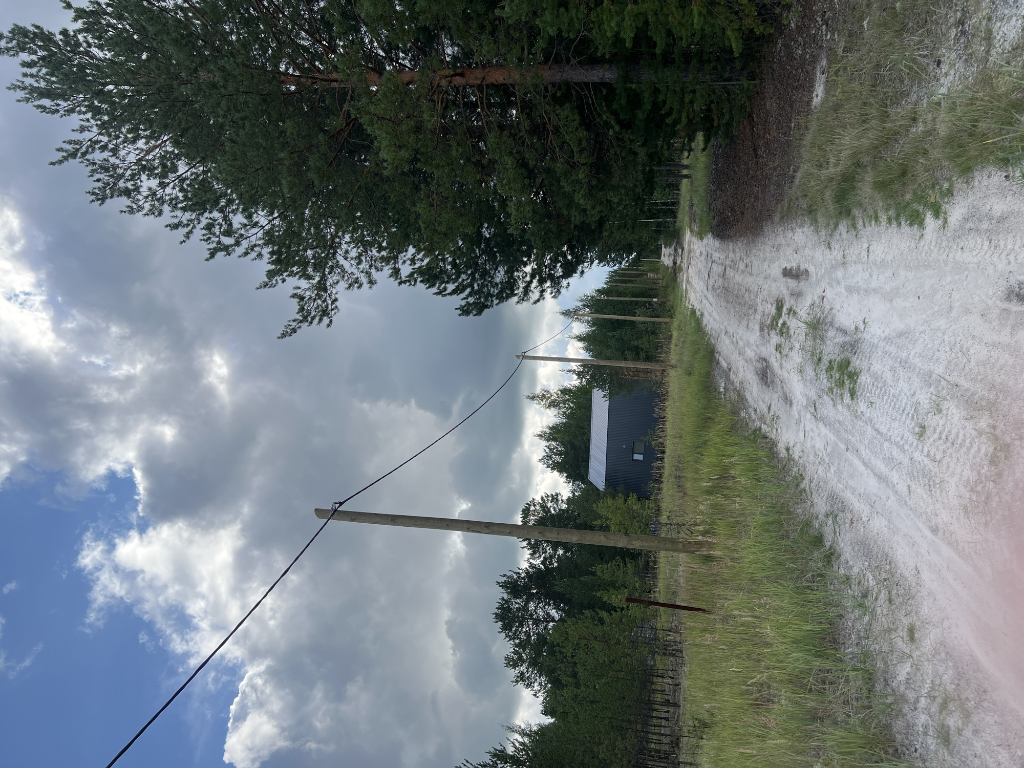 A wide, dusty dirt road stretches into the distance, bordered by tall green pine trees on the right and a mix of smaller pines and tall grass on the left. A dark, modern-looking house with a metal roof and a single window is visible among the trees on the left side of the road. Overhead, a power line runs diagonally across the frame, supported by wooden poles that are spaced along the road. The sky is filled with dramatic, cloudy formations. The scene suggests a rural or semi-rural setting, possibly on the outskirts of Surgut, Russia, given the presence of pine forests, which are characteristic of the region. The overall impression is one of a remote, slightly overcast day in a wooded area.