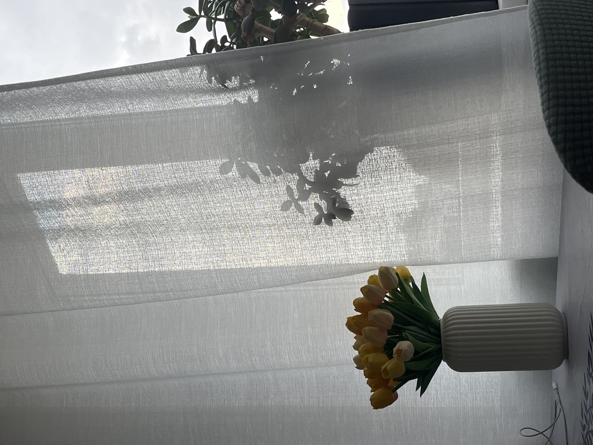 The image depicts an indoor scene with a translucent white curtain covering a window. Through the curtain, a sliver of bright sunlight is visible, creating a textured pattern of light. The shadow of a plant with broad leaves is cast onto the curtain from the right side of the frame. In the foreground, on a table, sits a cream-colored ribbed vase filled with a bouquet of yellow and pink tulips. To the right of the vase, the top of a dark green patterned chair is visible. A cable with a USB connector rests on the table to the left of the vase. The scene appears to be set in a residential or office space. The location is identified as Kohtla-Järve linn, Estonia.