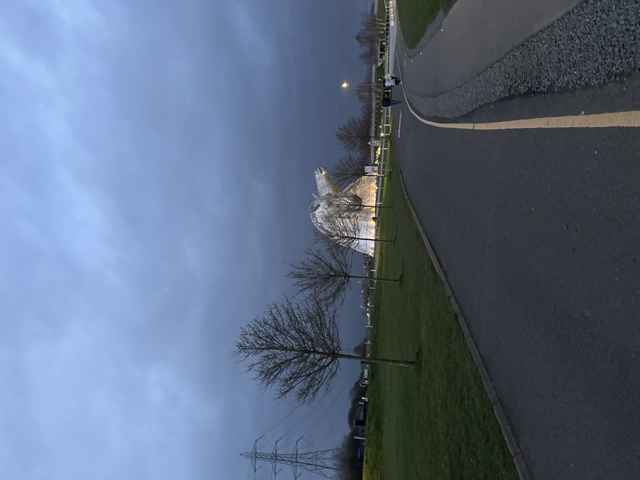 The scene depicts The Kelpies, two large horse-head sculptures, illuminated at dusk or early night in The Helix park, Falkirk, United Kingdom. The sky is heavily overcast with dark grey-blue clouds.
In the foreground, an asphalt pathway with a distinct yellow dividing line runs from the bottom center, curving towards the right. To its right, a narrower path with a gravel edge is visible. To the left of the main asphalt path is a curb, followed by a strip of neatly mown green grass.
The midground features a wider expanse of green grass on the left. Several bare-branched deciduous trees are sparsely scattered across this grassy area, extending towards the background. The Kelpies sculptures, composed of metallic segments, are prominent on the right, bathed in bright, warm upward-facing illumination. In front of the sculptures and to the right of the asphalt path, a group of four individuals is walking away from the viewer. They appear to be adults; one pair leads, followed closely by another pair. Streetlights are visible along the pathways and near the sculptures, emitting a yellowish light.
In the far left background, a large electricity transmission tower (pylon) stands against the dark sky. The distant background beyond the sculptures shows indistinct dark land features and sparse vegetation.