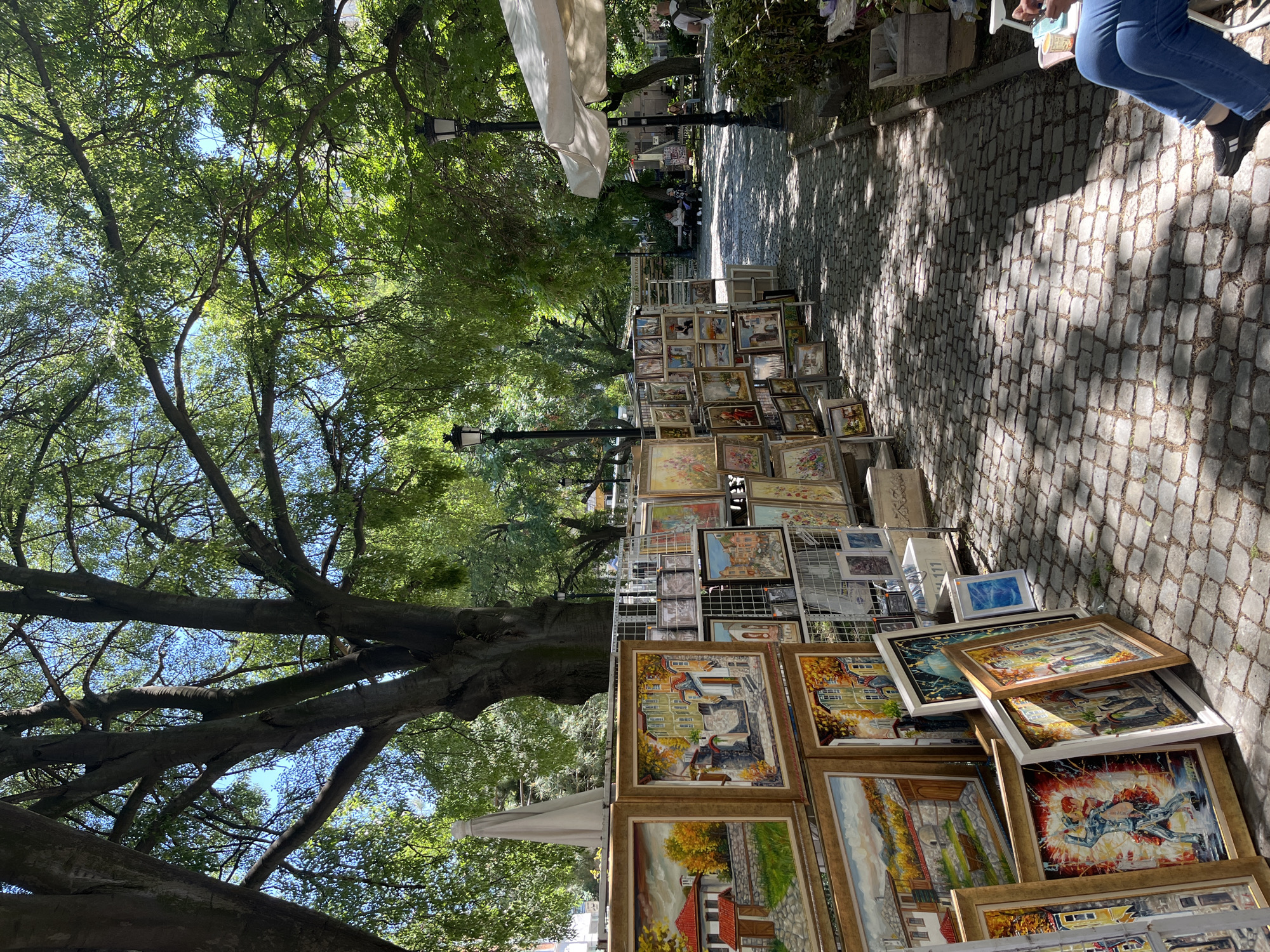 The image captures a scene in Plovdiv, Bulgaria, along a pedestrian path lined with trees. The path is paved with cobblestones. On one side, an outdoor art market is in progress, with numerous framed paintings displayed on racks and directly on the ground. The artwork appears to be mostly landscape scenes, architectural studies, and some abstract pieces. The trees offer shade, and sunlight filters through the foliage, creating dappled shadows on the ground. Some people can be seen in the distance, presumably browsing the artwork. The overall atmosphere is that of a bustling open-air market on a sunny day.